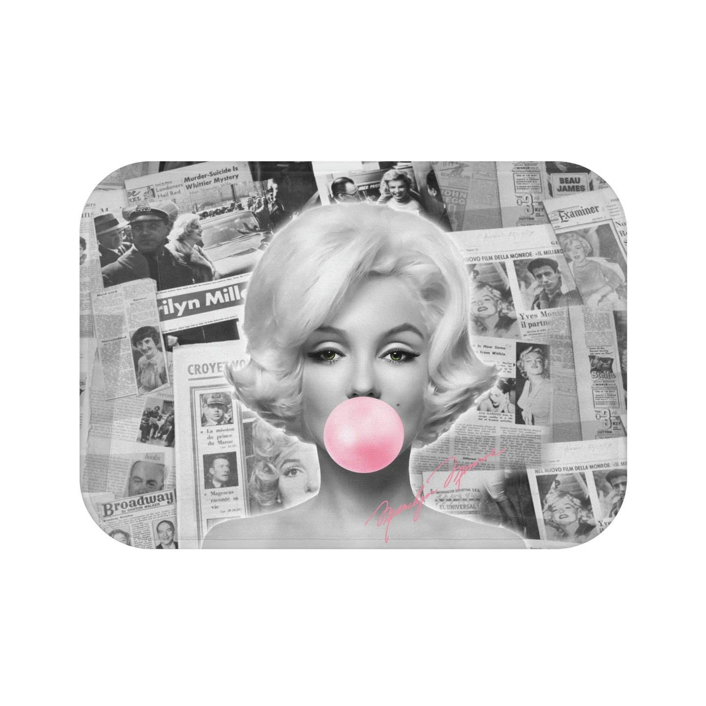 Marilyn Monroe Bath Mat - Black and White Vintage News Print - Marilyn Monroe Bubblegum Pink Autograph Bath Rug