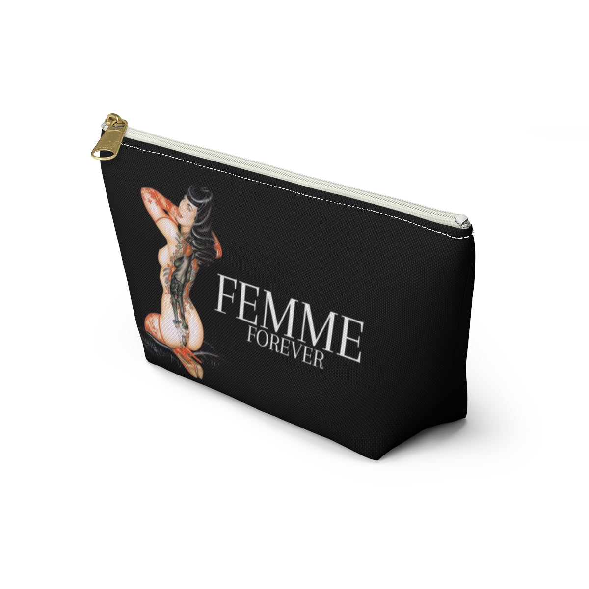 Pinup Girl Cosmetic Pouch w T-bottom, Accessory Pouch - Femme Forever Black Cat Tattoo Pinup Girl