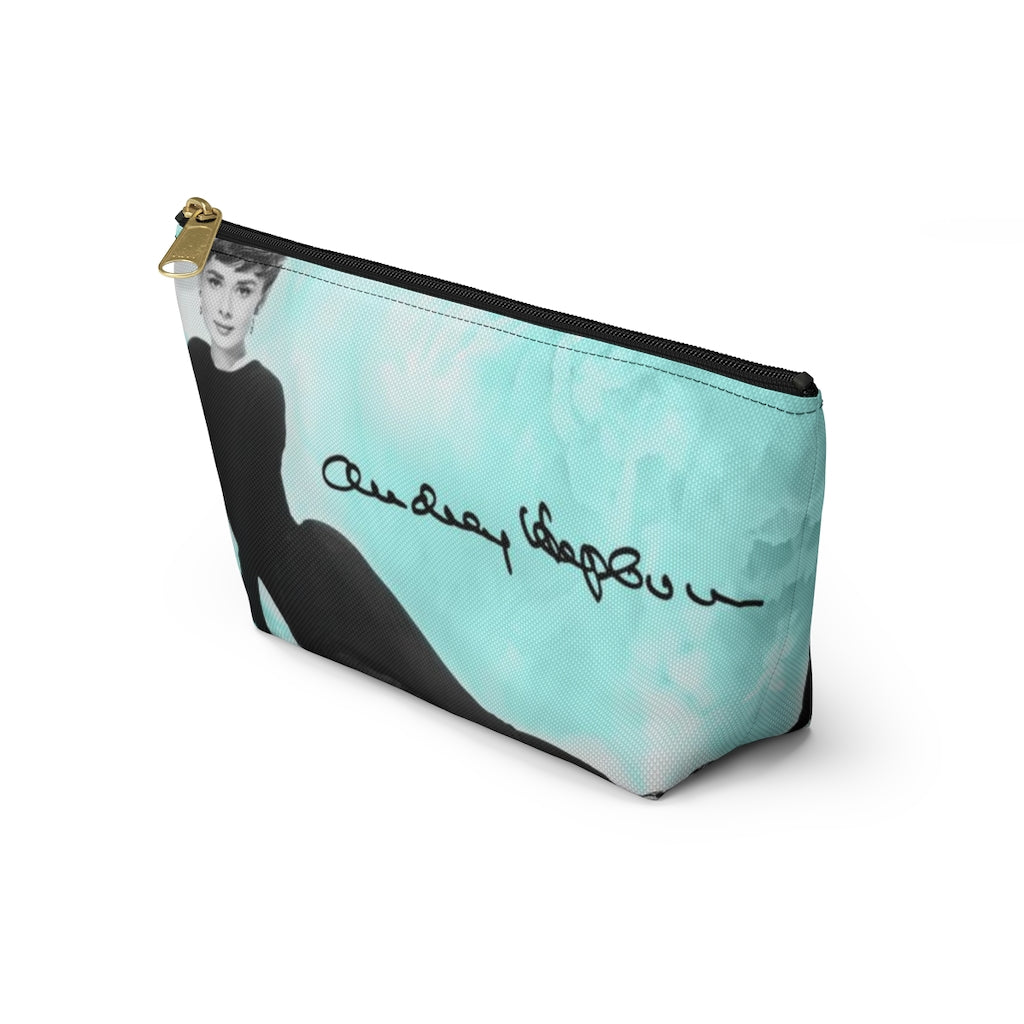 Audrey Hepburn Signature Cosmetic Pouch w T-bottom, Accessory Pouch, Blue Green