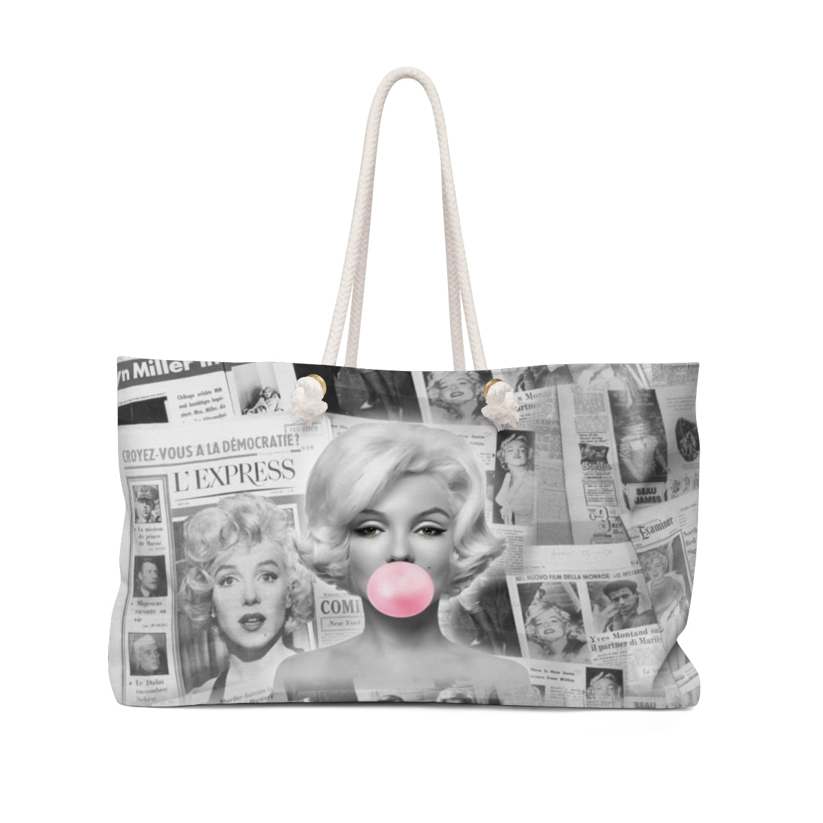 Marilyn Monroe Tote Bag - Weekender Bag, Rope Tote, Marilyn Bubblegum Pink International News Bag