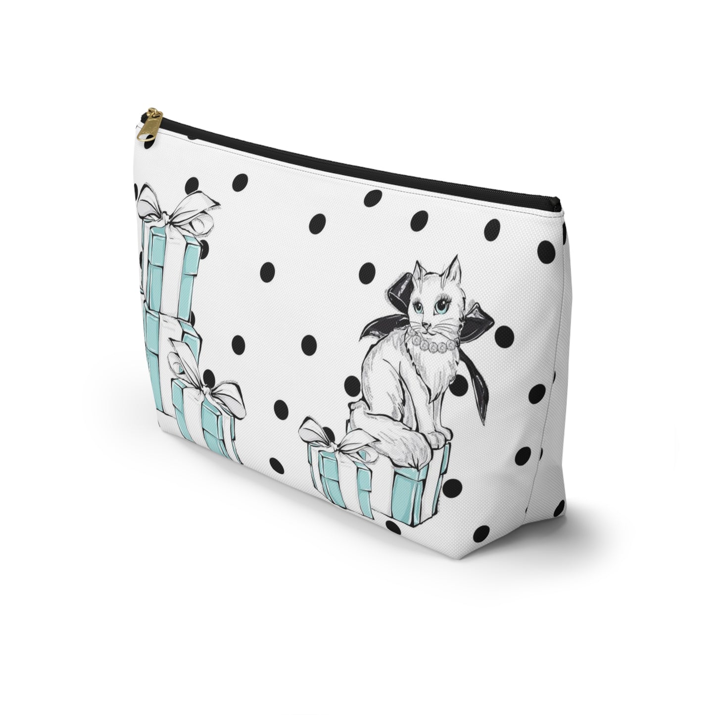 Personalized Kitty Cat Cosmetic Pouch w T-bottom, Accessory Pouch, Cats Polka Dot Breakfast at Tiffany