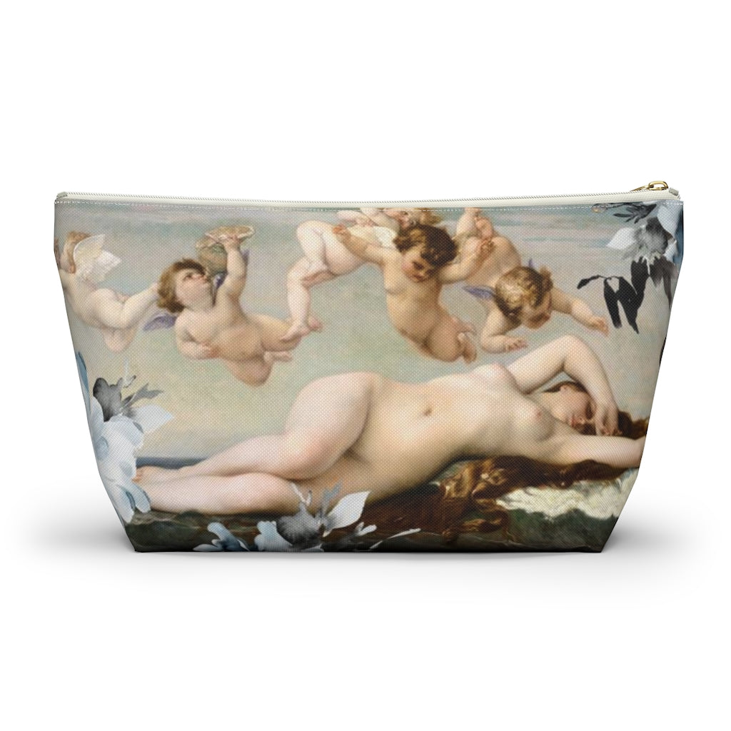 Venus Floral Cosmetic Pouch w T-bottom, Accessory Pouch, Blue