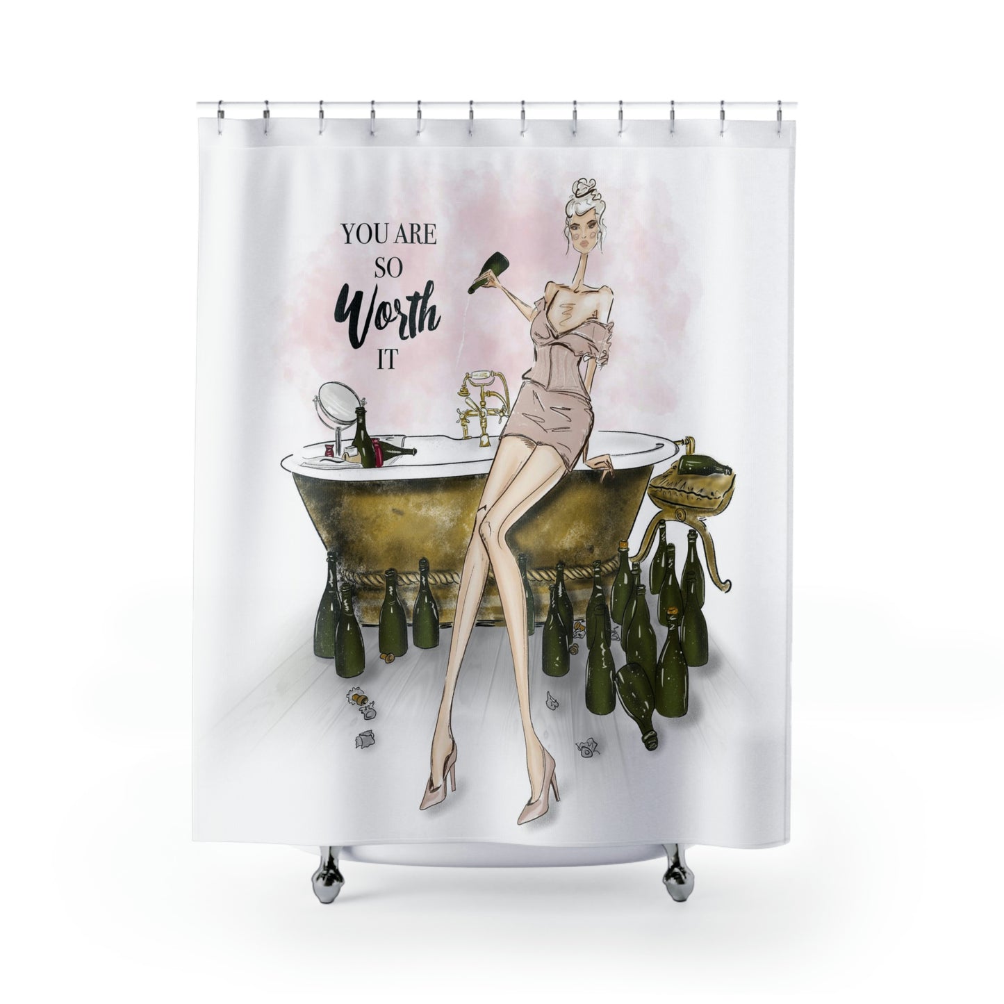 YOU Are So Worth IT Fashion Shower Curtain - Custom Designer Shower Curtain - Champaign Bubble Bathroom Curtain