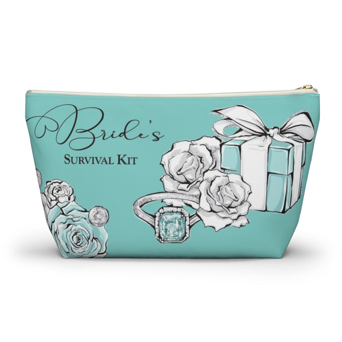 Brides Survival Kit Cosmetic Pouch w T-bottom, Accessory Pouch, Blue Green