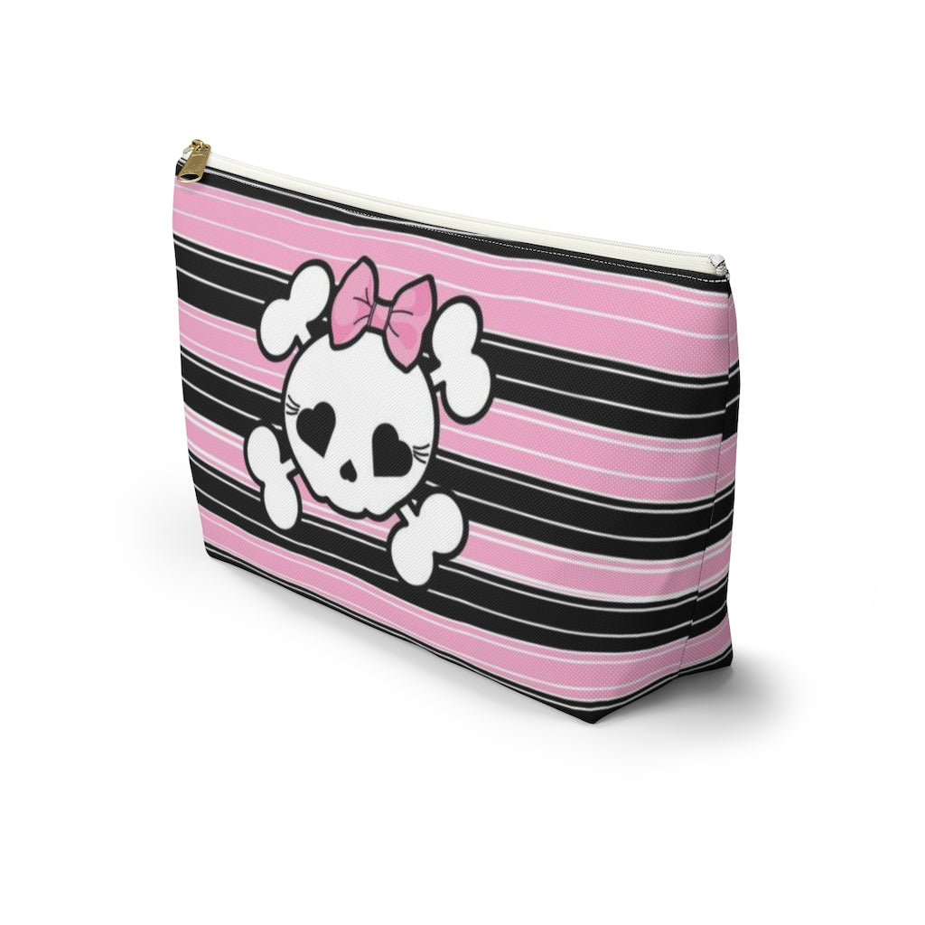 Candy Skull Cosmetic Pouch w T-bottom, Accessory Pouch, Pink Black Stripe