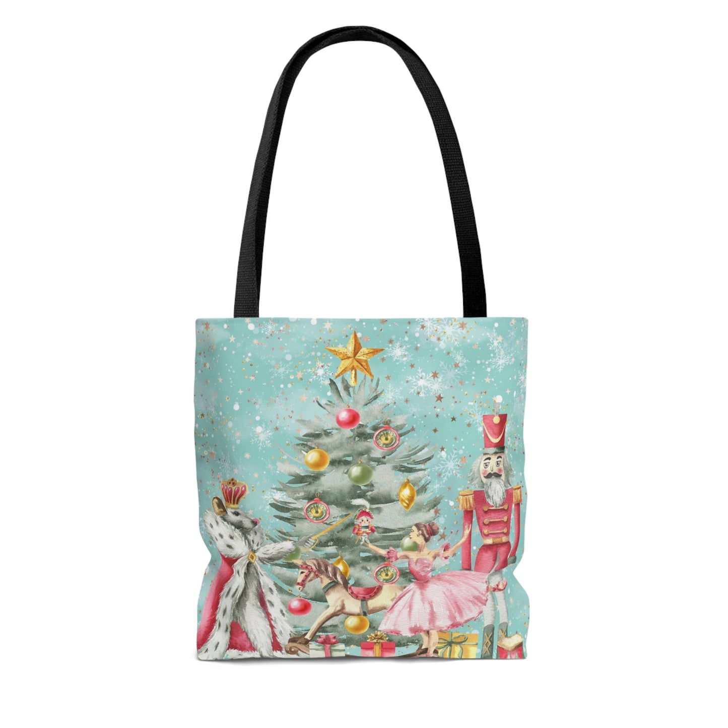 Nutcracker Ballet Canvas Tote Bag, Basic Square Tote - Blue Green Snowflake Ballerina Nutcracker Tote