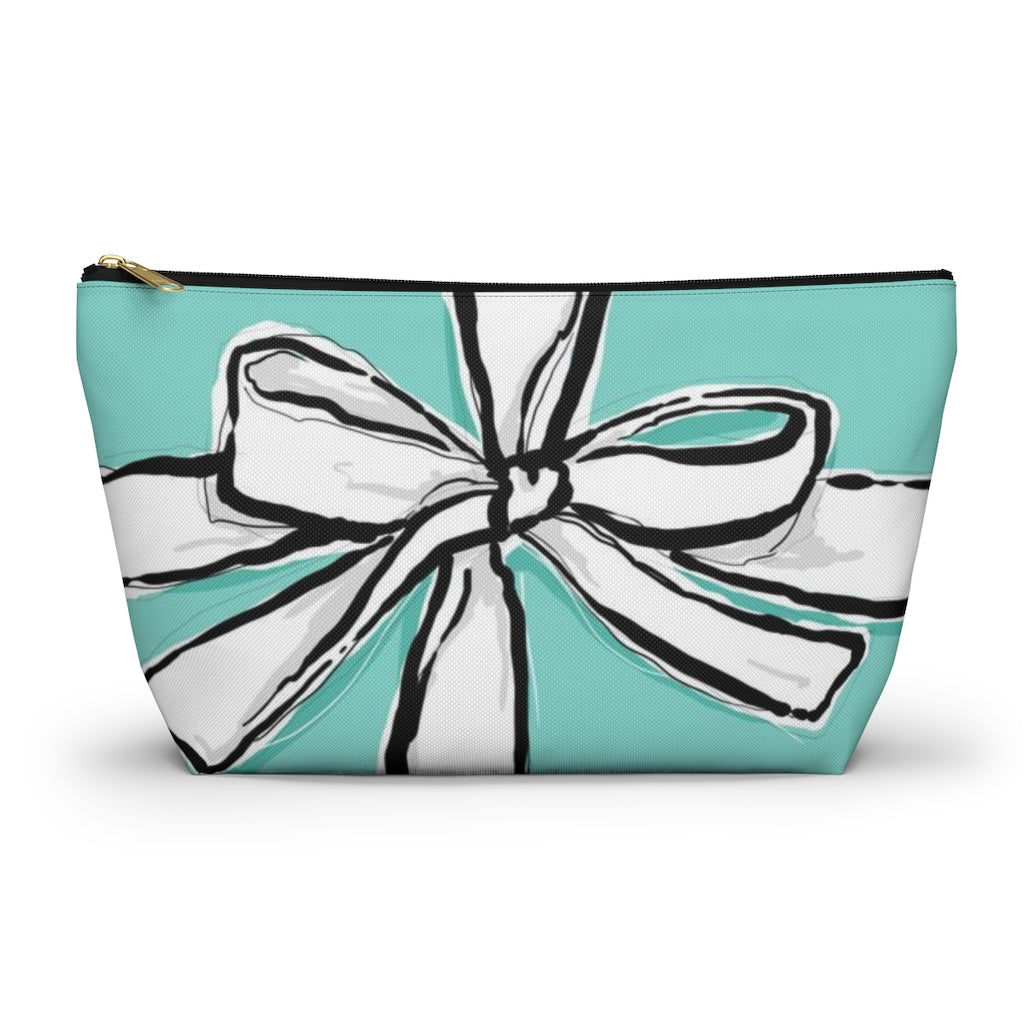 Blue Green Bow Cosmetic Pouch w T-bottom, Accessory Pouch, Breakfast at Tiffany