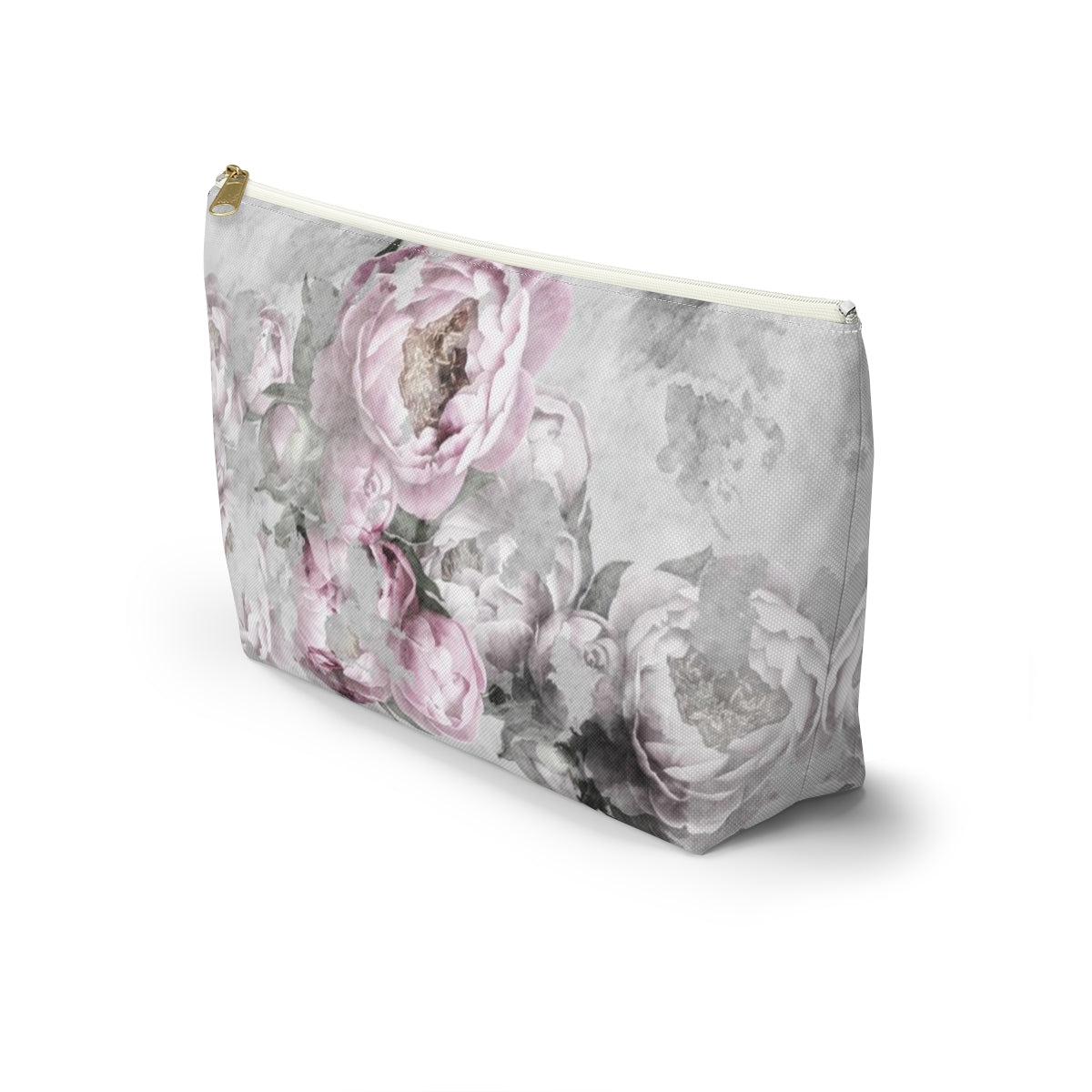 Peony Cosmetic Pouch w T-bottom, Accessory Pouch, Antiqued Pink and Grey