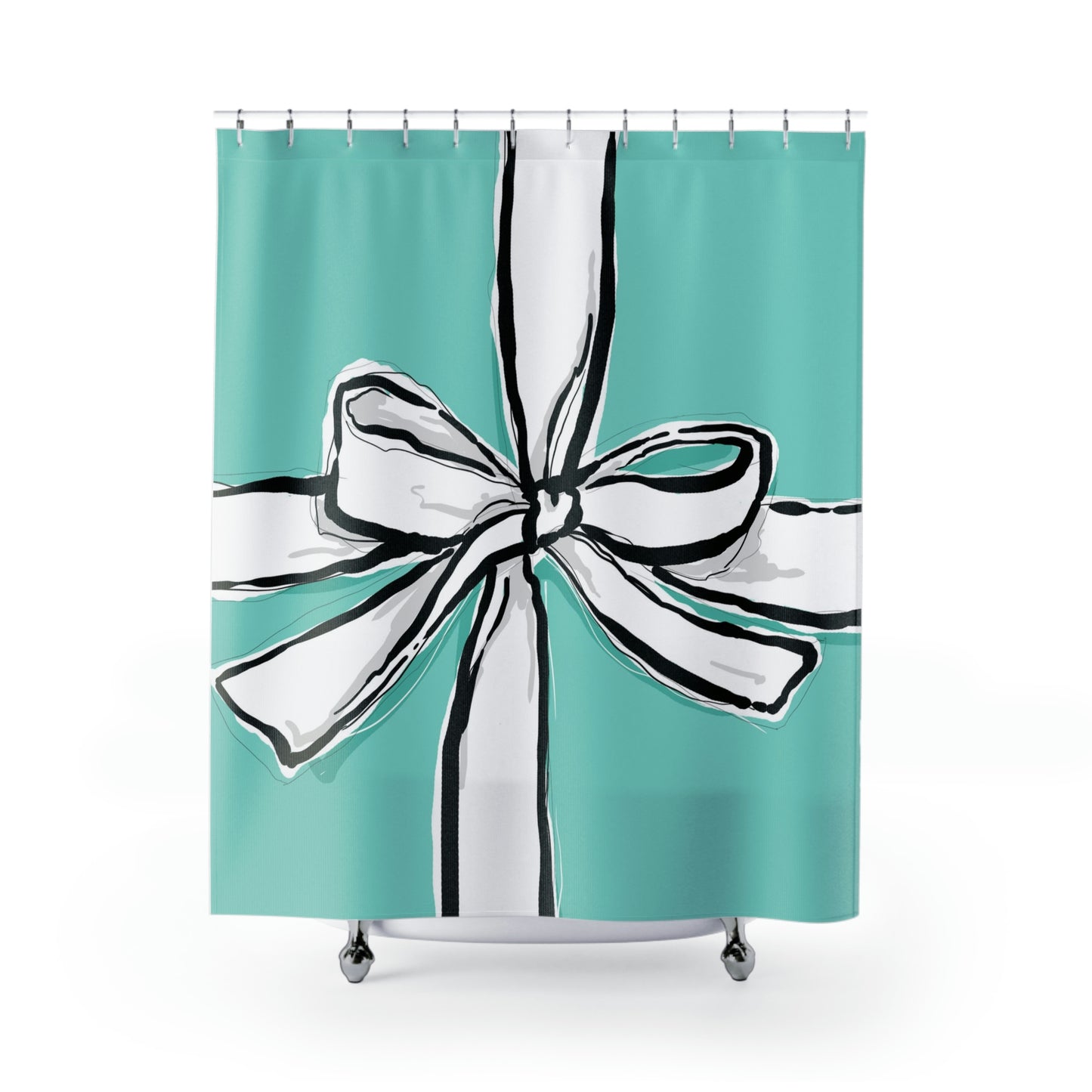 Hand Drawn Little Blue Box Shower Curtain - Breakfast at Tiffany Inspired Bath Curtain - Blue Green Box with White Bow