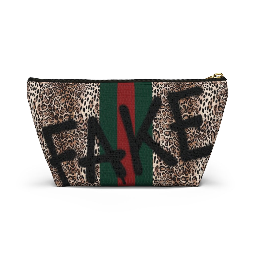 FAKE Fashion Cosmetic Pouch w T-bottom, Accessory Pouch, Leopard Red Green Stripe