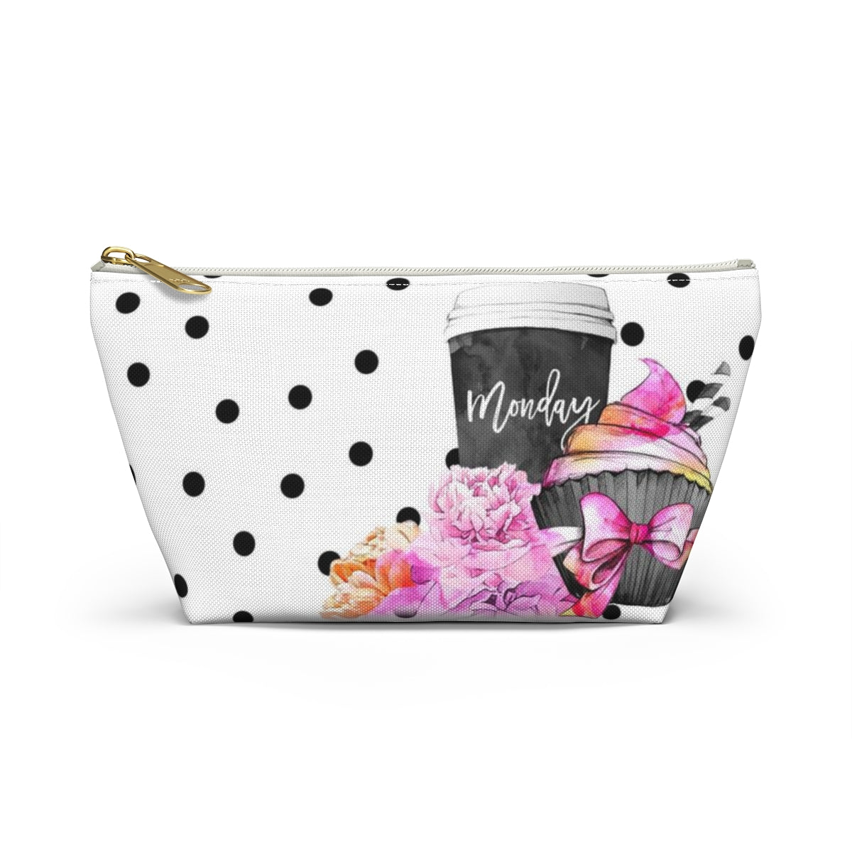 Personalized Coffee Monday Cosmetic Pouch w T-bottom, Accessory Pouch, Pink Cupcake Polka Dot