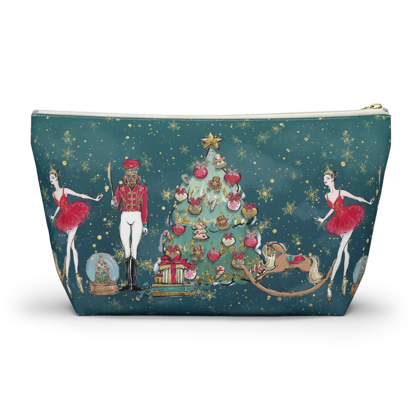 Nutcracker Ballet Cosmetic Pouch w T-bottom, Accessory Pouch - Emerald Green Nutcracker Ballet Makeup Bag