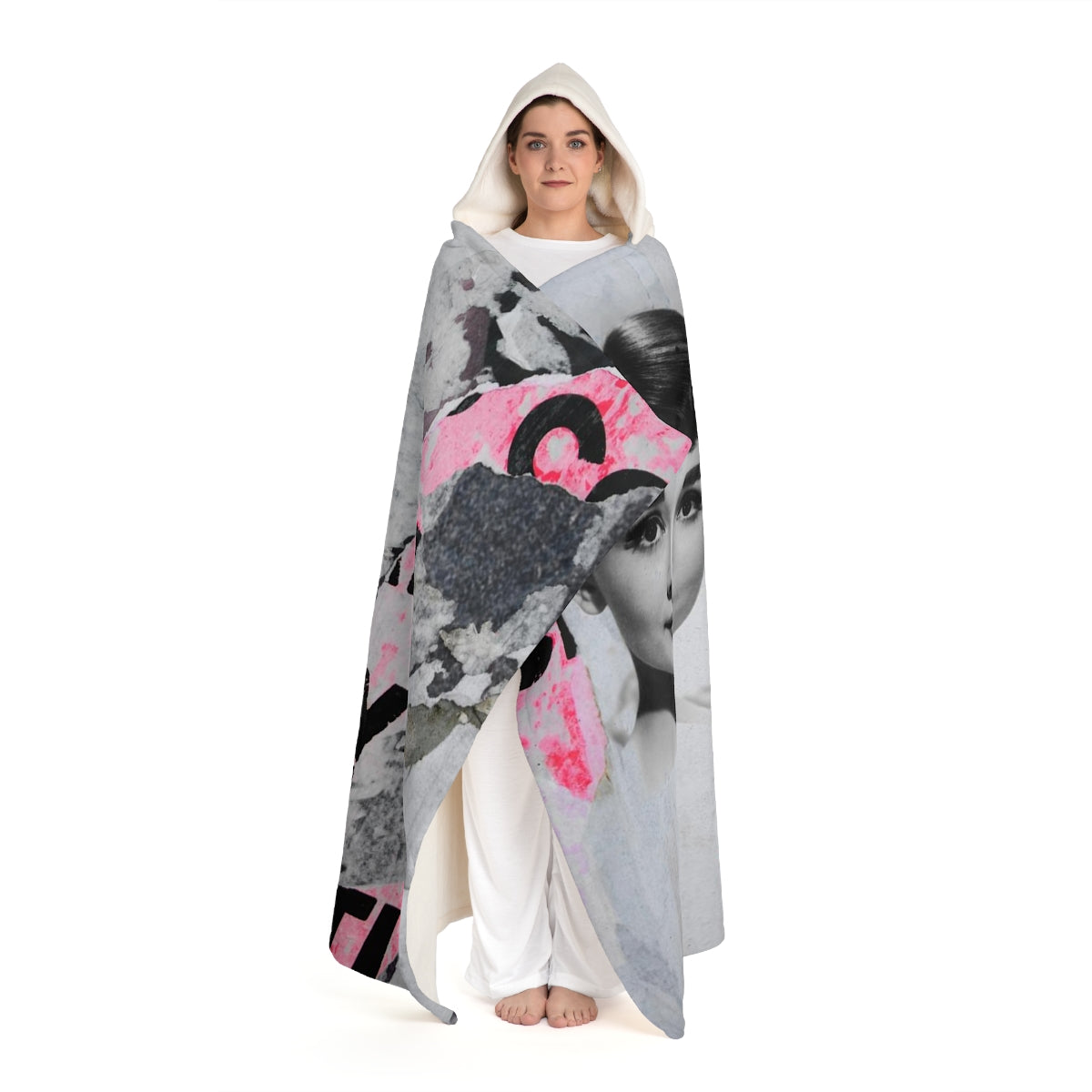 Audrey Hepburn Hooded Sherpa Fleece Blanket, Hooded Shrug - Hot Pink Torn Poster