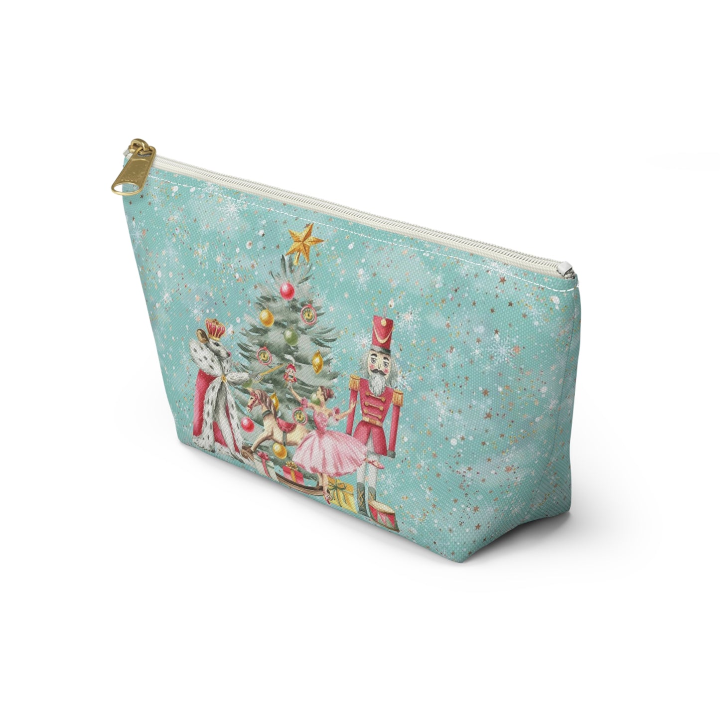 Nutcracker Gingerbread Cosmetic Pouch w T-bottom, Accessory Pouch - Blue Green Snowflake Nutcracker Ballet Makeup Bag