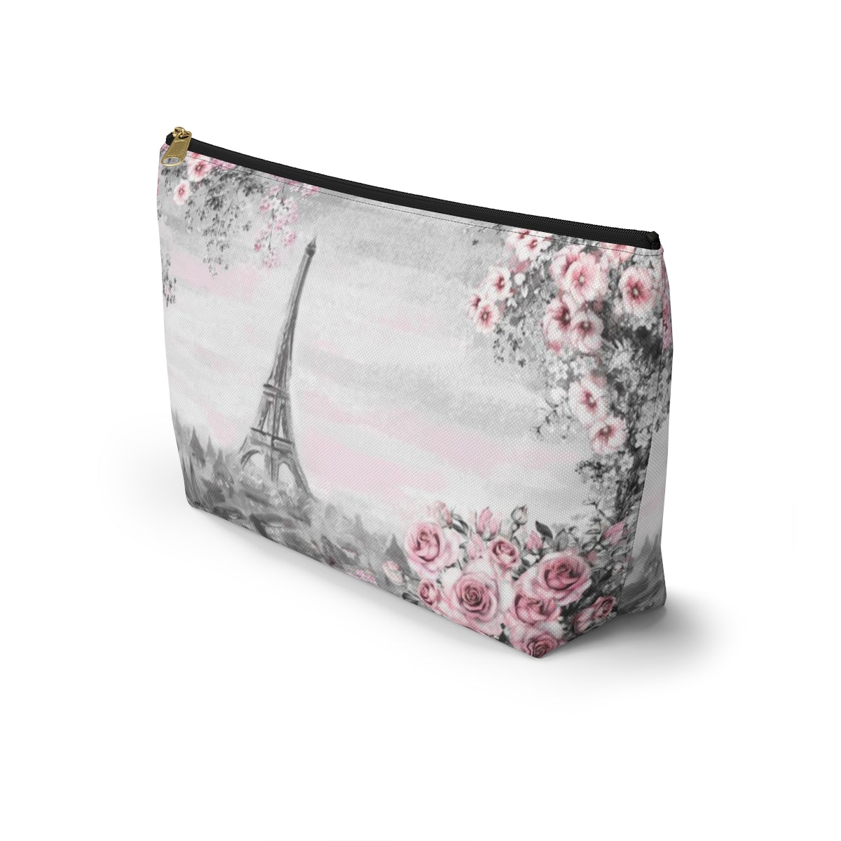 Eiffel Tower Cosmetic Pouch w T-bottom, Accessory Pouch, Pink Paris Rose