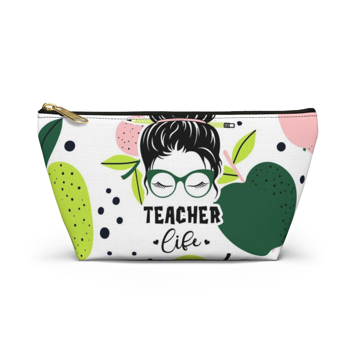 Teacher Life Cosmetic Pouch w T-bottom, Accessory Pouch, Pink and Green Apple Dot