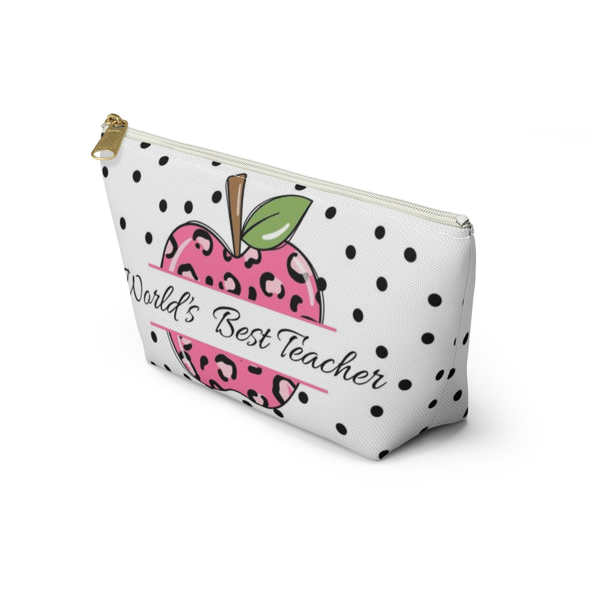 Personalized World's Best Teacher Cosmetic Pouch w T-bottom, Accessory Pouch, Pink Leopard Apple Dot