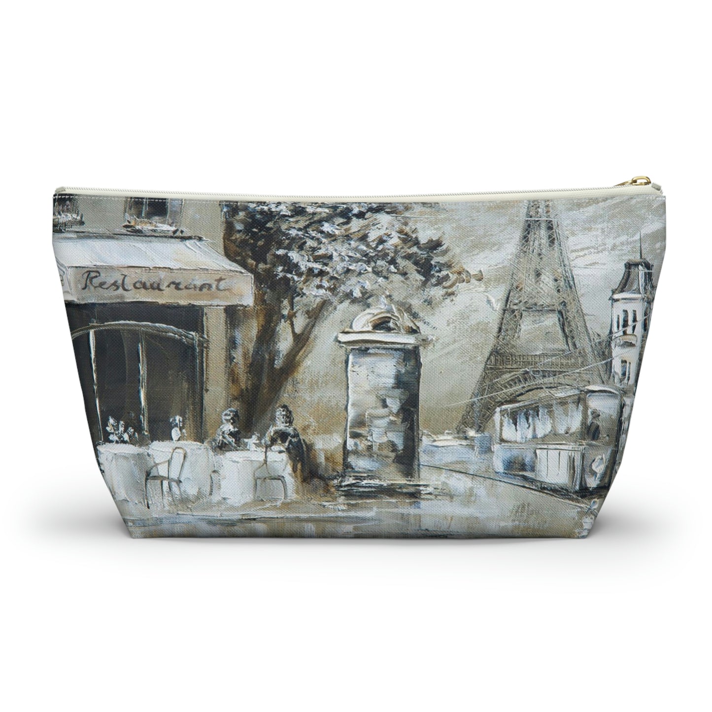 Eiffel Tower Cosmetic Pouch w T-bottom, Accessory Pouch - Cafe in Paris