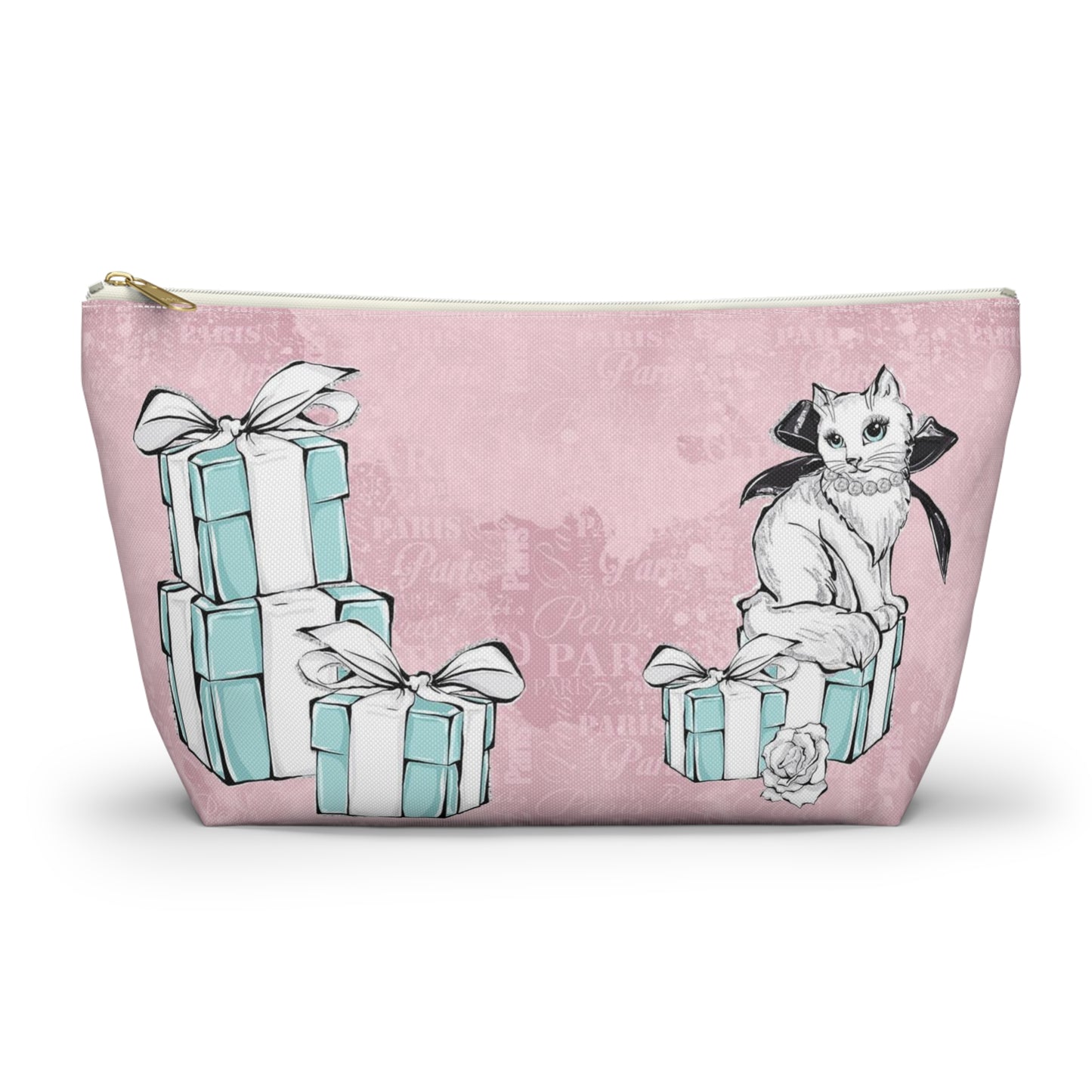 Personalized Kitty Cat Cosmetic Pouch w T-bottom, Accessory Pouch, Cat Lovers Little Blue Gift Box - Paris Pink