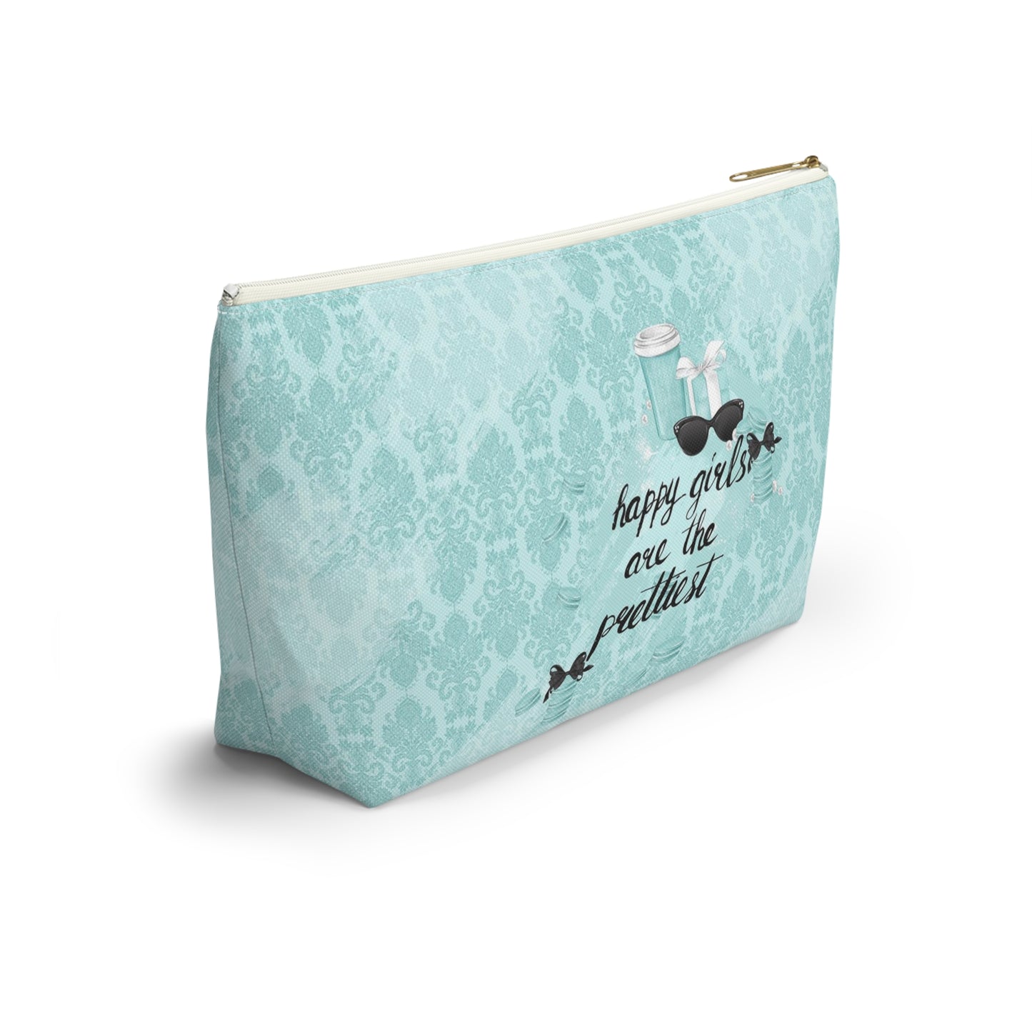 Happy Girls are the Prettiest Cosmetic Pouch w T-bottom, Accessory Pouch, Breakfast at Tiffany