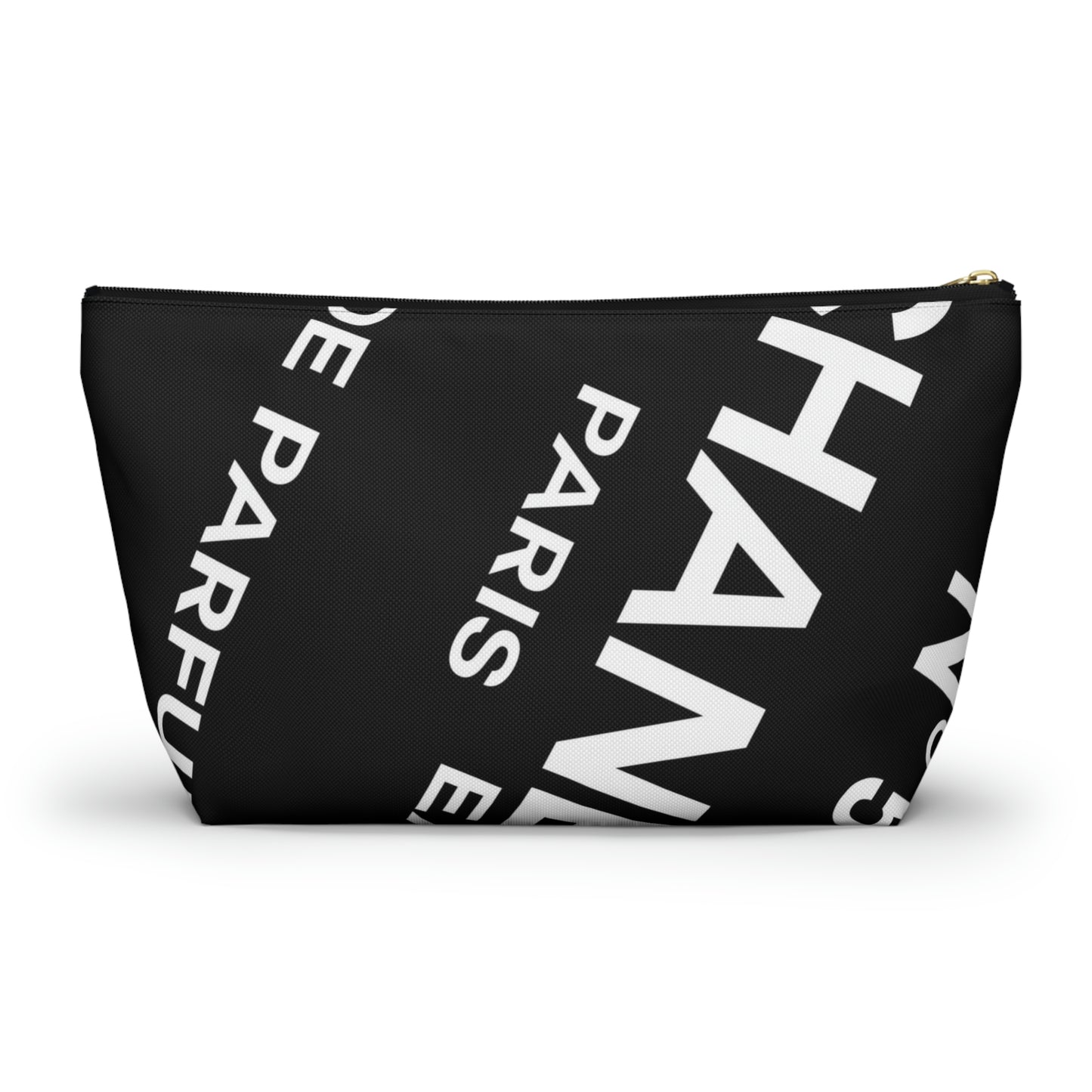 Perfume Label Cosmetic Pouch w T-bottom, White on Black Accessory Pouch - Custom Designer Paris Makeup Bag