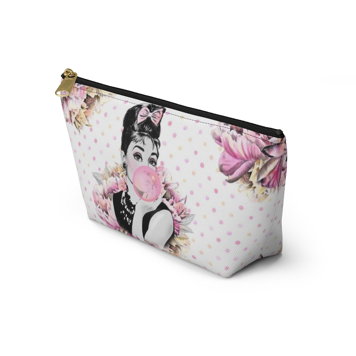 Audrey Hepburn Bubblegum Cosmetic Pouch w T-bottom, Accessory Pouch, Pink Polka Dot