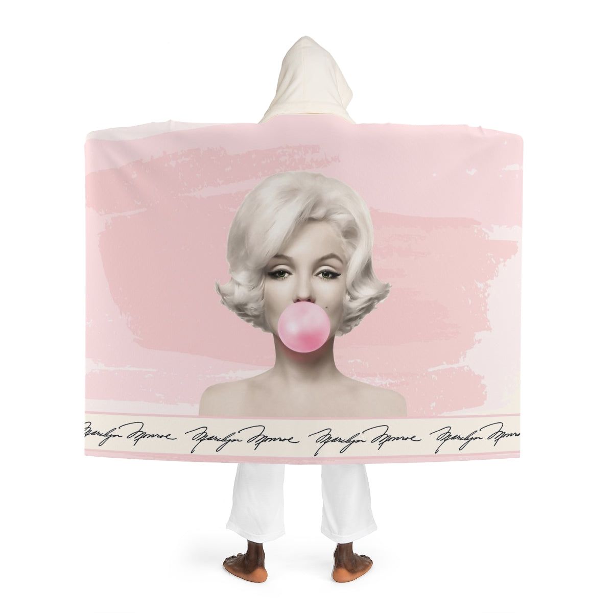 Marilyn Monroe Bubblegum Hooded Sherpa Fleece Blanket, Hooded Shrug - Pink Bubble Autograph Trim