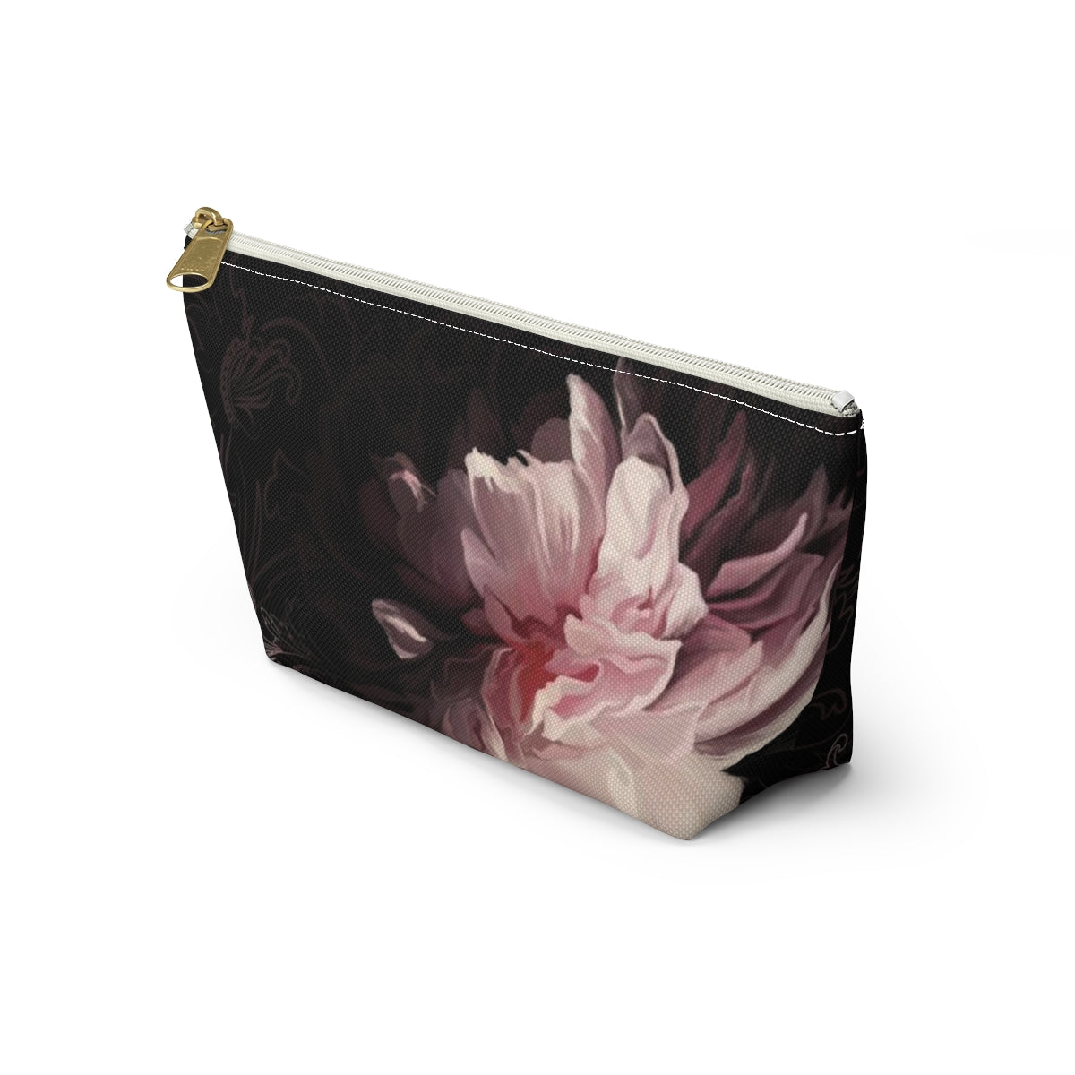 Peony Cosmetic Pouch w T-bottom, Accessory Pouch, Pink Scroll