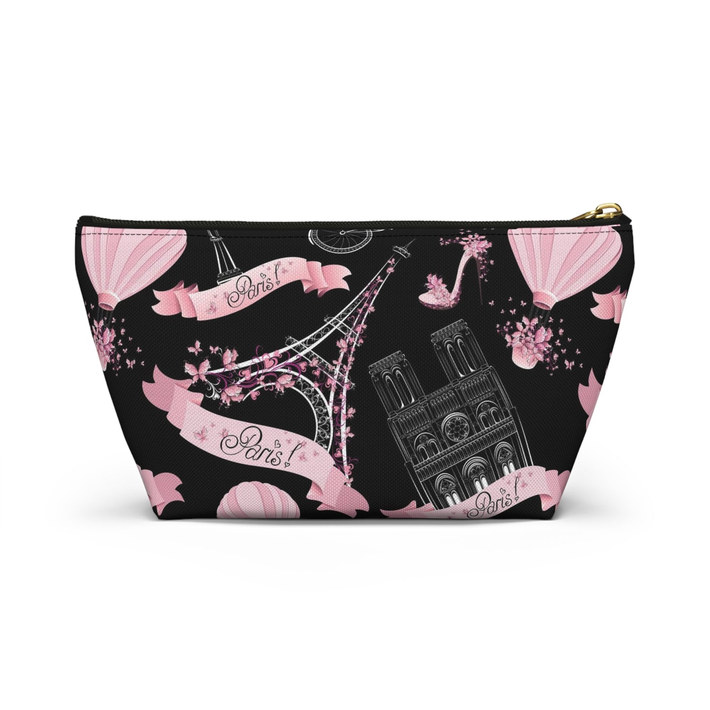 Whimsy in Paris Cosmetic Pouch w T-bottom, Accessory Pouch - Pink and Black Eiffel Tower Paris France Pouch