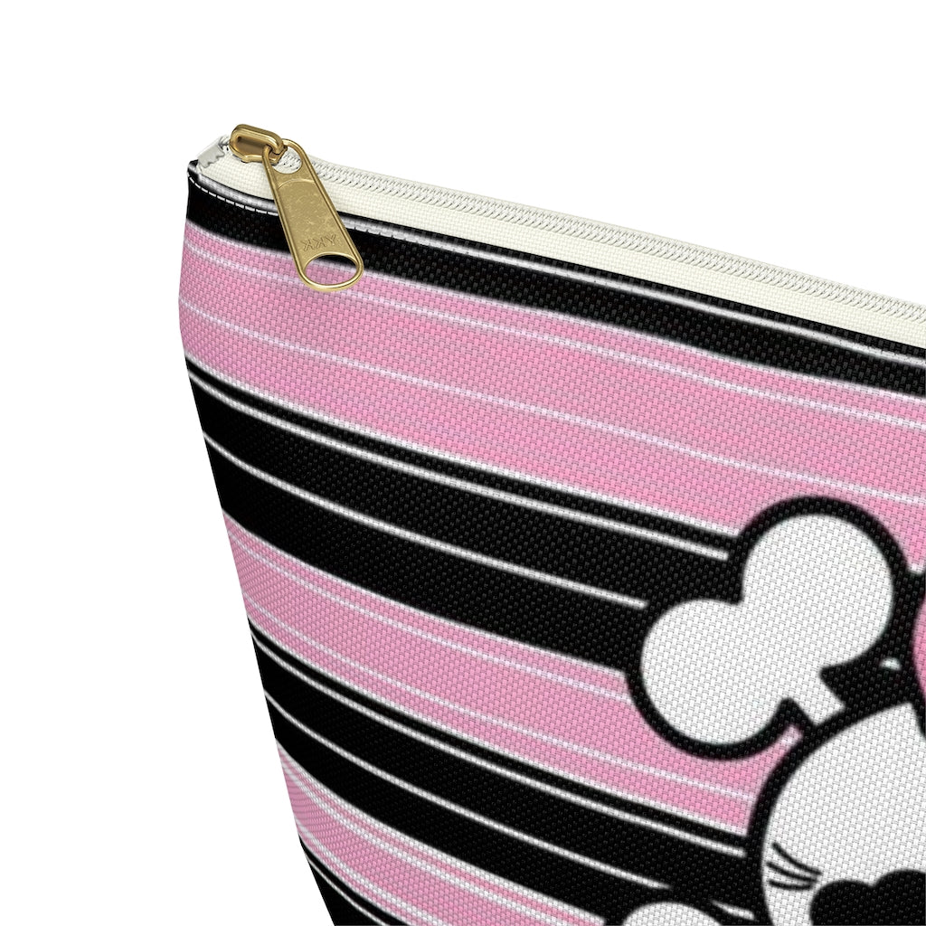 Candy Skull Cosmetic Pouch w T-bottom, Accessory Pouch, Pink Black Stripe