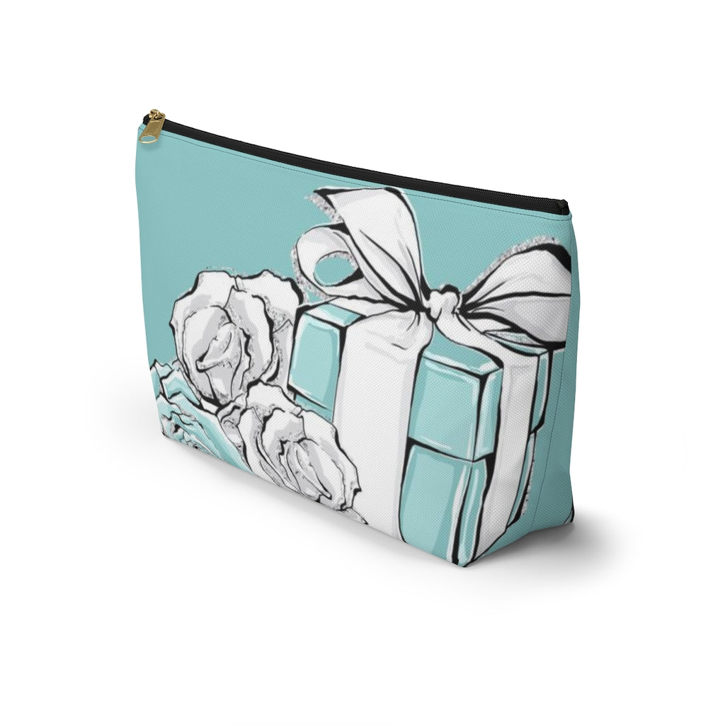 Little Blue Box Cosmetic Pouch w T-bottom, Accessory Pouch, Blue Green Rose Jewelry Box