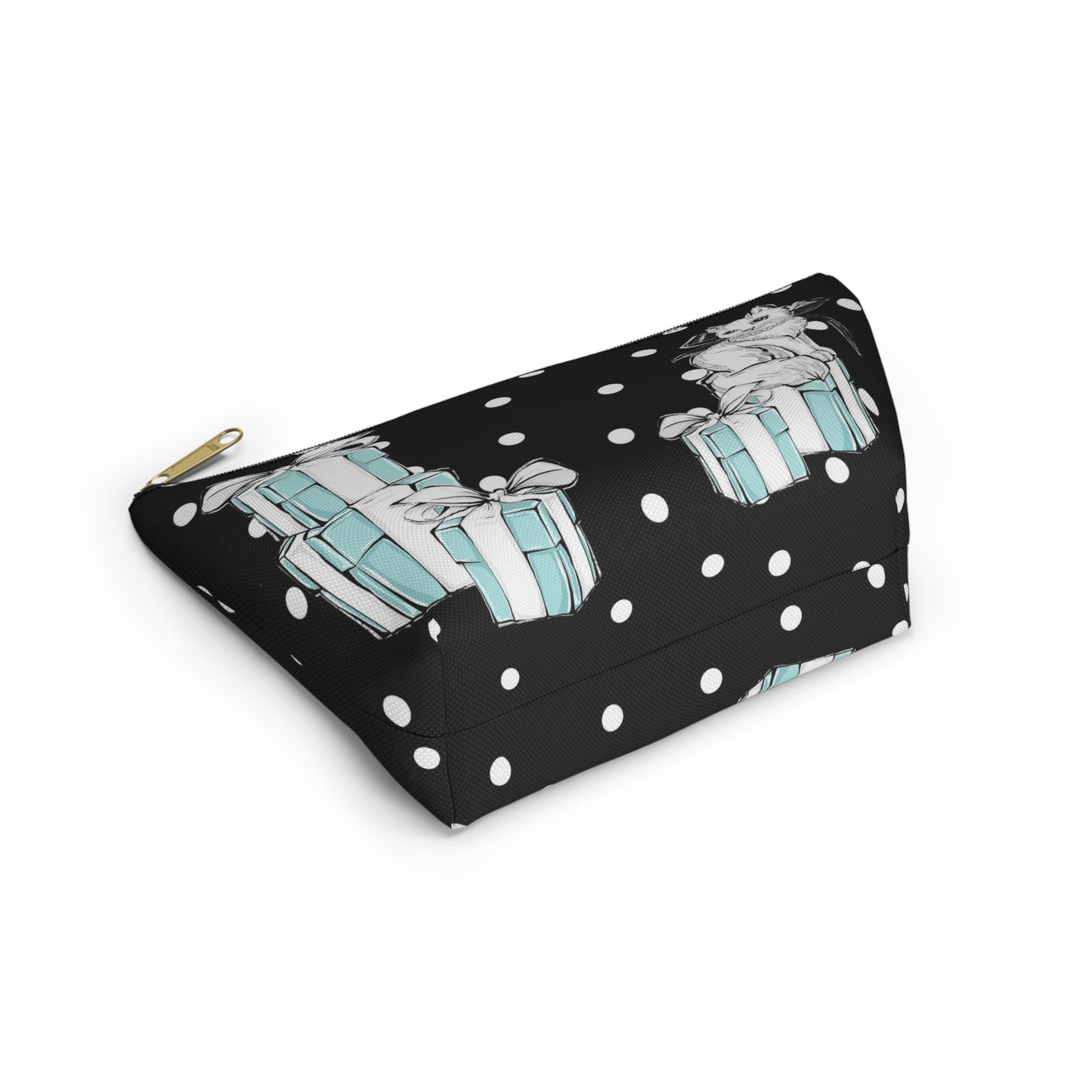 Personalized Kitty Cat Cosmetic Pouch w T-bottom, Accessory Pouch, Cats Polka Dot Breakfast at Tiffany - Black