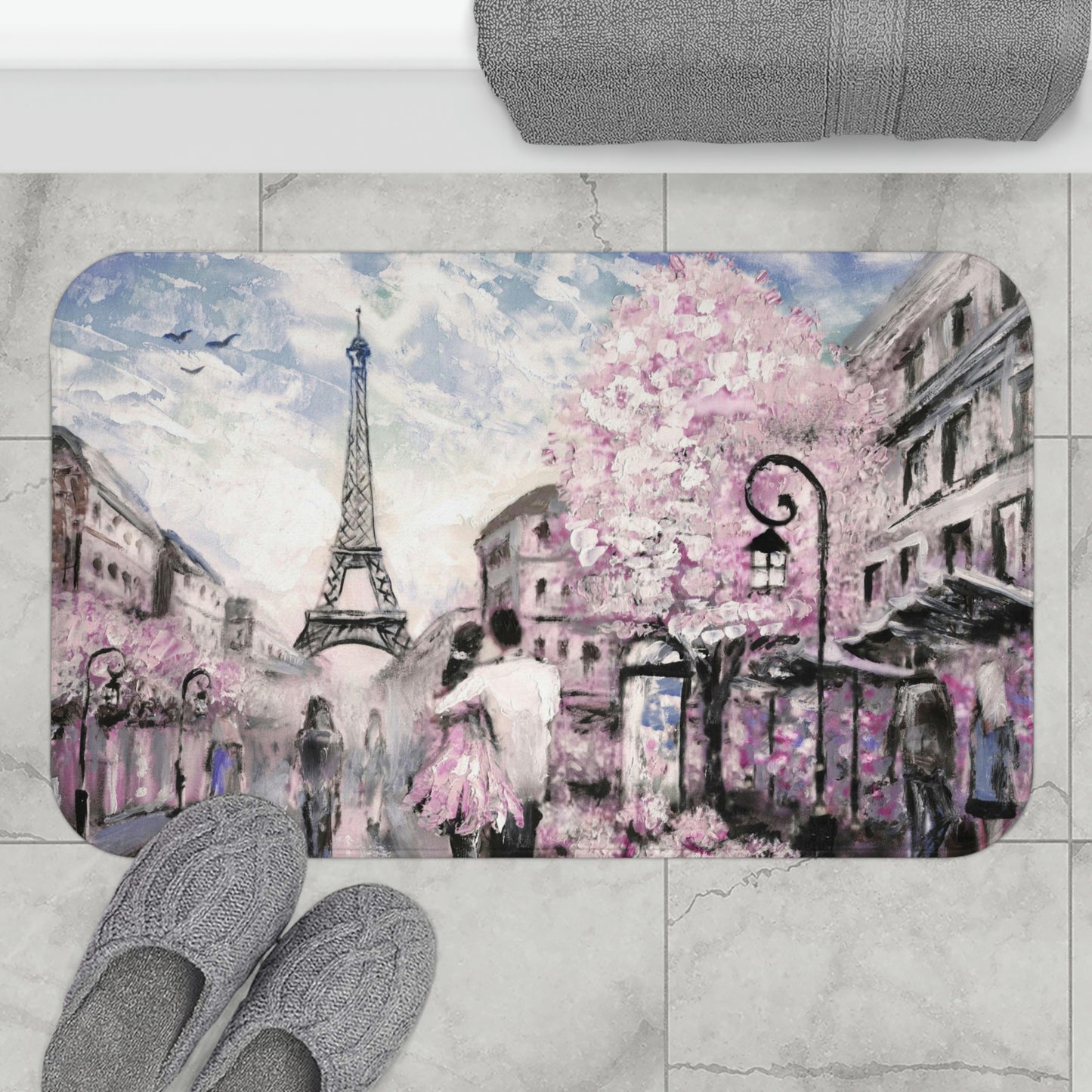 Love in Paris Bath Mat - Personalized Floor Mat - Pink Paris Painting Fashion Bathroom Shower Mat