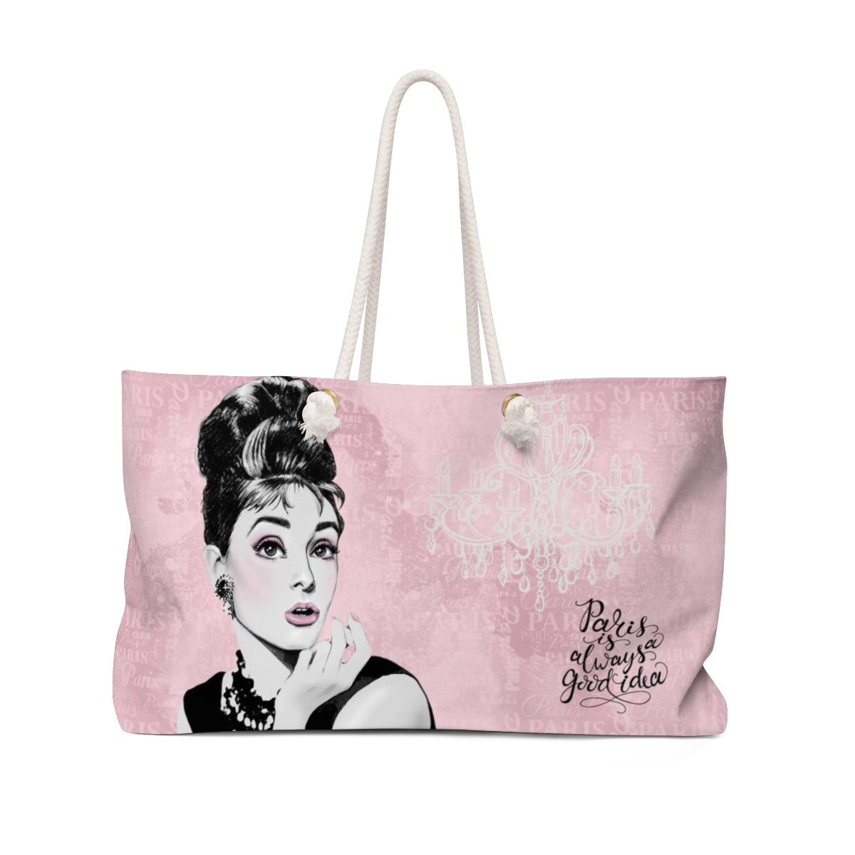 Audrey Hepburn Tote Bag, Weekender Bag - Pink Paris is Always a Good Idea Chandelier Bag