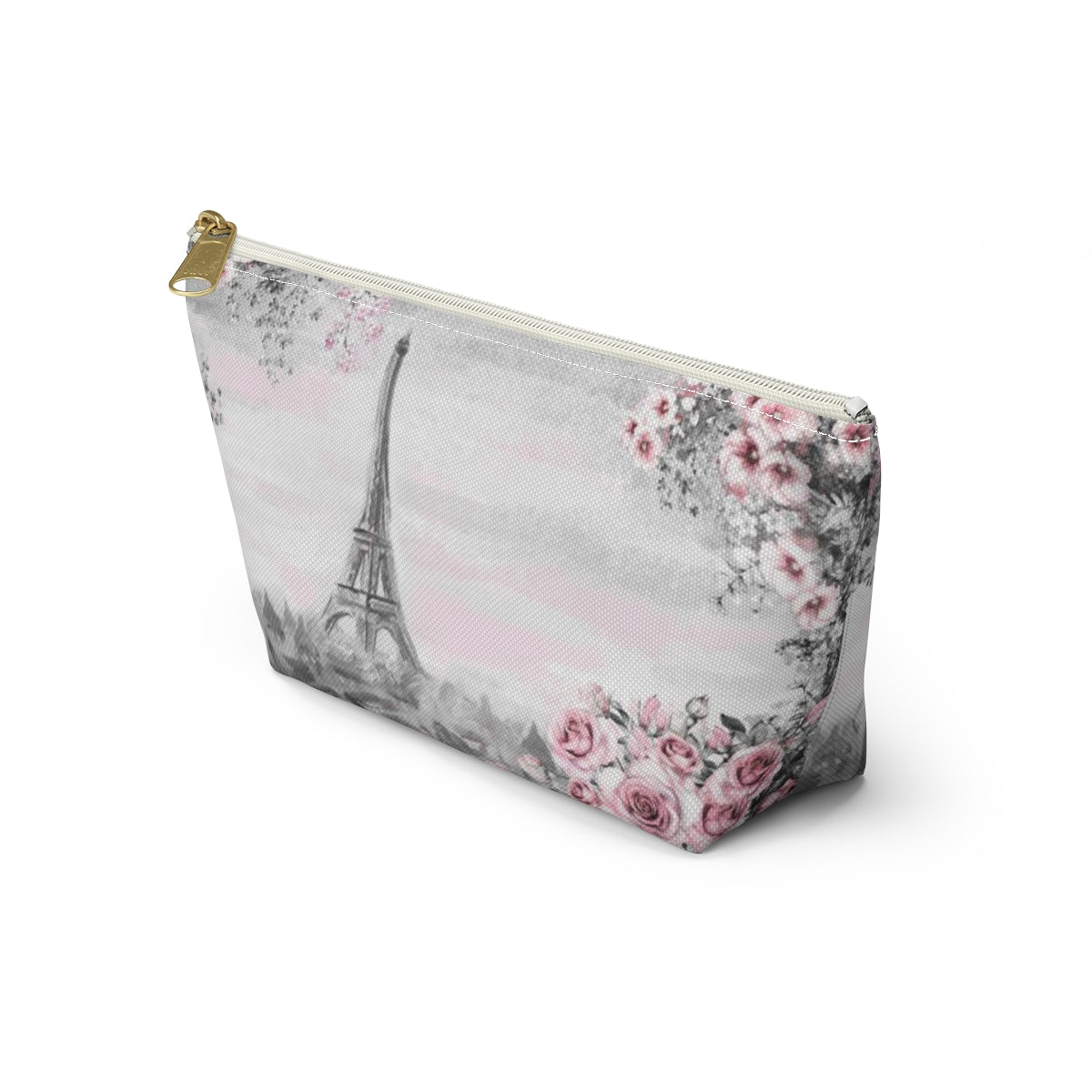 Eiffel Tower Cosmetic Pouch w T-bottom, Accessory Pouch, Pink Paris Rose