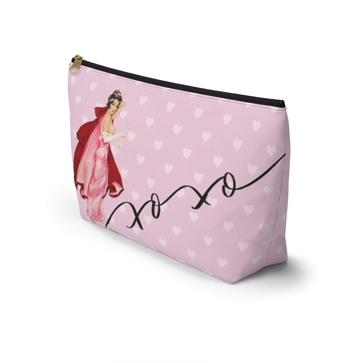 Personalized Pink Pinup Girl Cosmetic Pouch w T-bottom, Accessory Pouch - Red Riding Hood XOXO