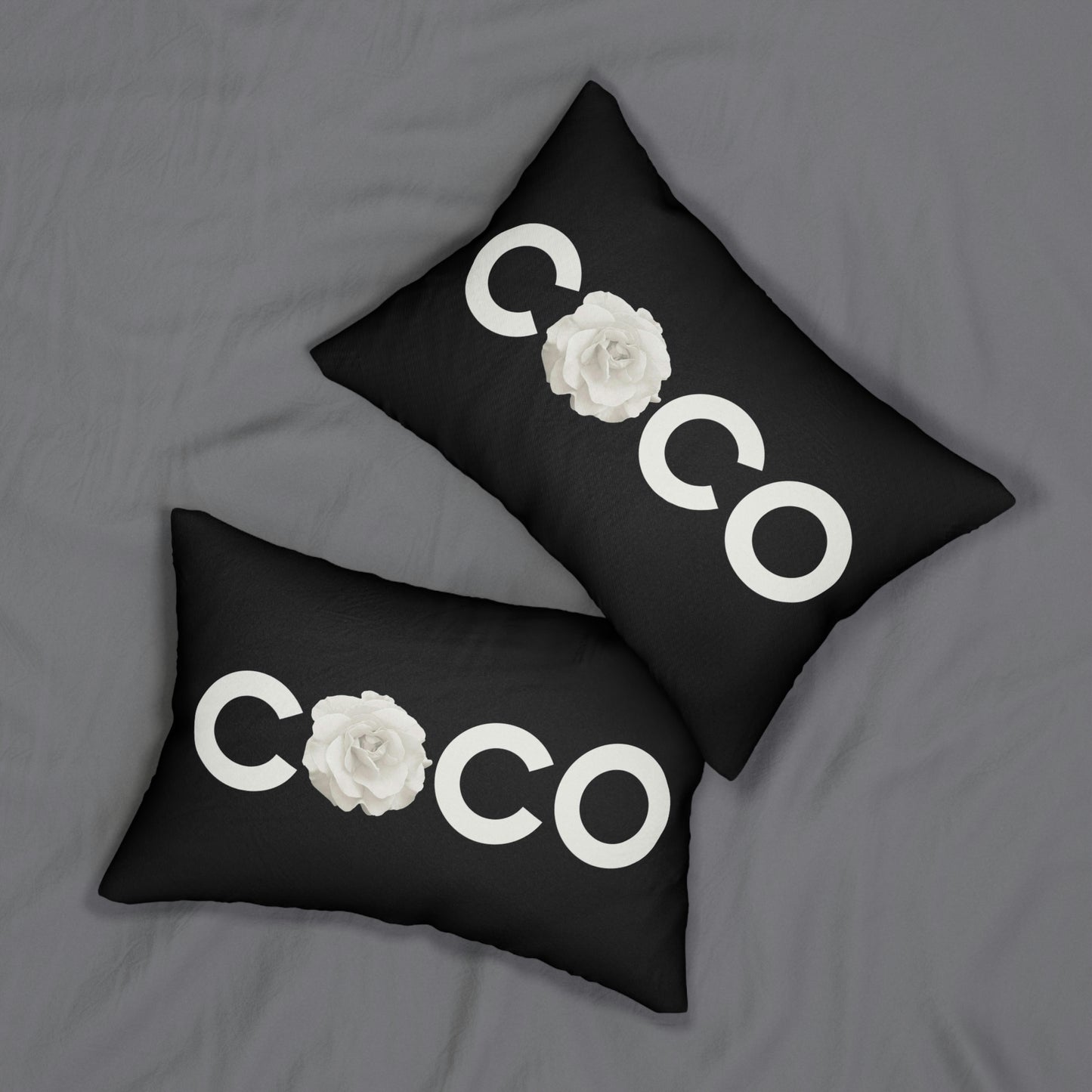 COCO Rose Lumbar Pillow - Black and Cream Rose Decorative Throw Pillow = Black Noir Rose Rectangle Back Pillow