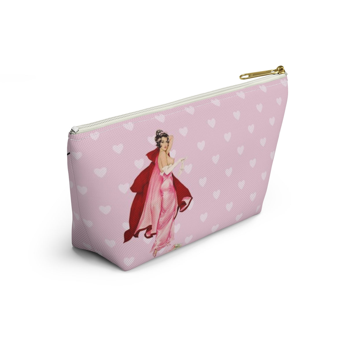 Personalized Pink Pinup Girl Cosmetic Pouch w T-bottom, Accessory Pouch - Red Riding Hood XOXO