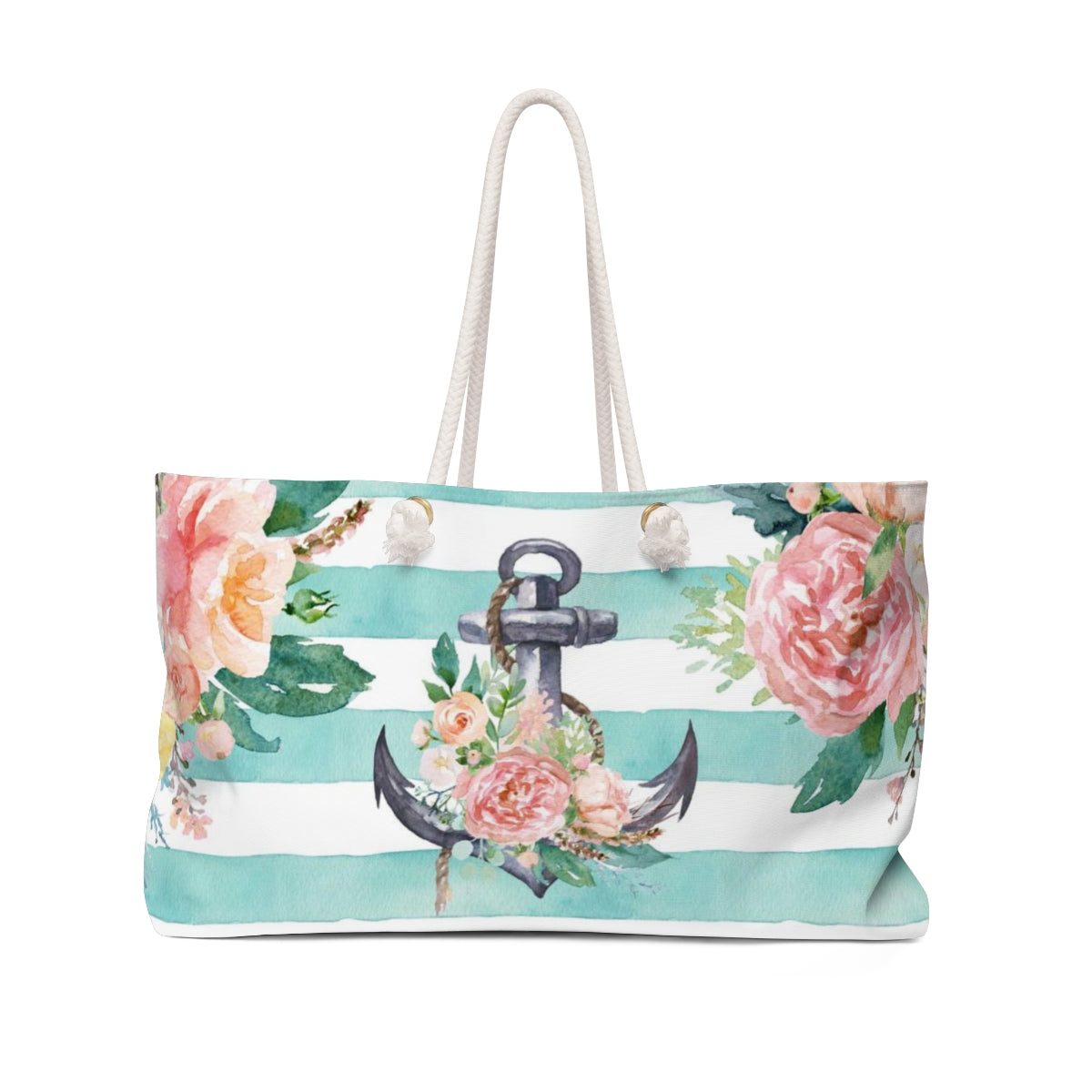 Personalized Anchor Beach Bag - Weekender Bag, Rope Tote - Beach and Teal Floral Anchor Stripe Tote Bag