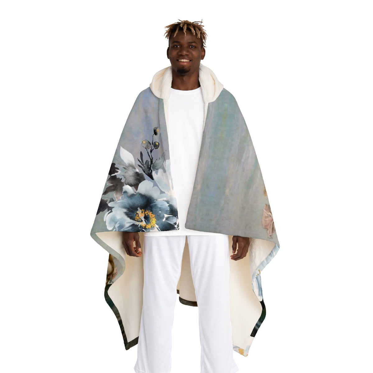 Venus Floral Hooded Sherpa Fleece Blanket, Hooded Shrug - Art Blue Flower