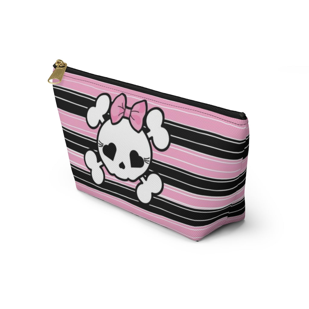 Candy Skull Cosmetic Pouch w T-bottom, Accessory Pouch, Pink Black Stripe