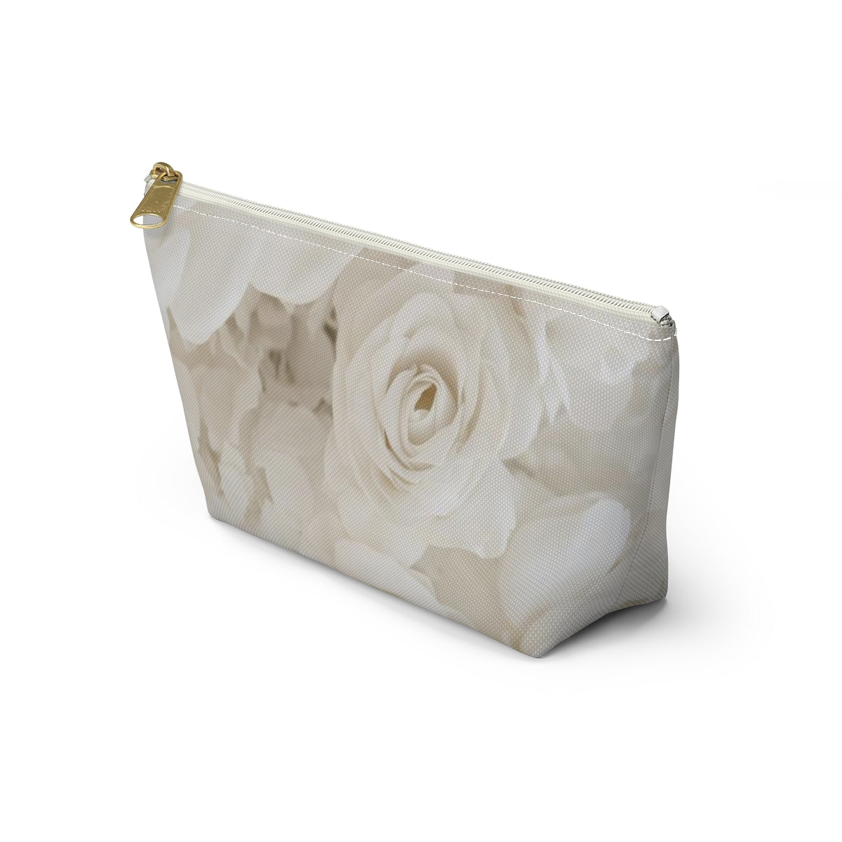 Personalized Cream Rose Cosmetic Pouch w T-bottom, Accessory Pouch - Off White Rose Leopard Print