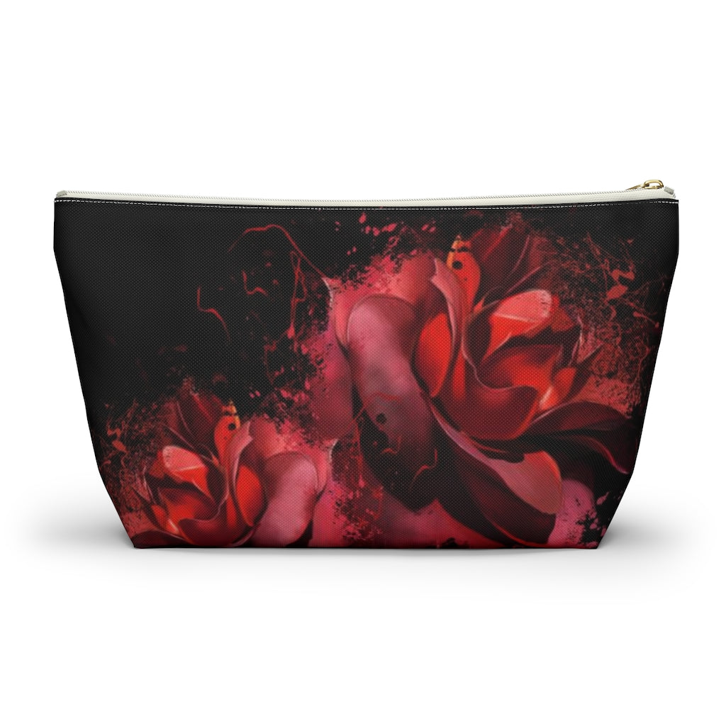 Painted Rose Cosmetic Pouch w T-bottom, Accessory Pouch, Red