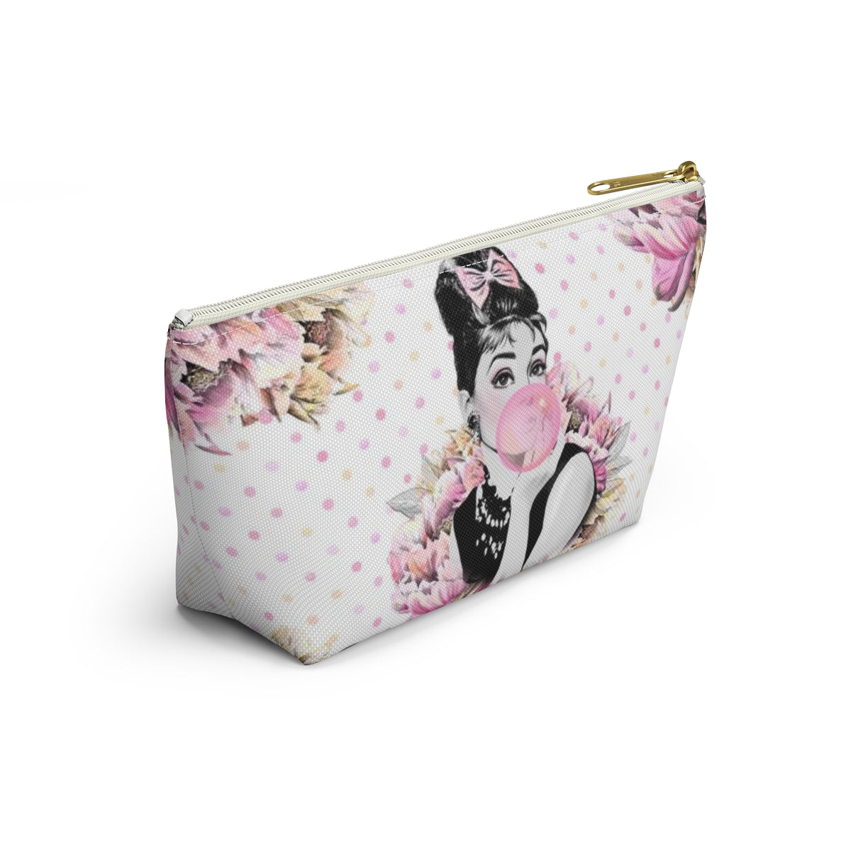 Audrey Hepburn Bubblegum Cosmetic Pouch w T-bottom, Accessory Pouch, Pink Polka Dot