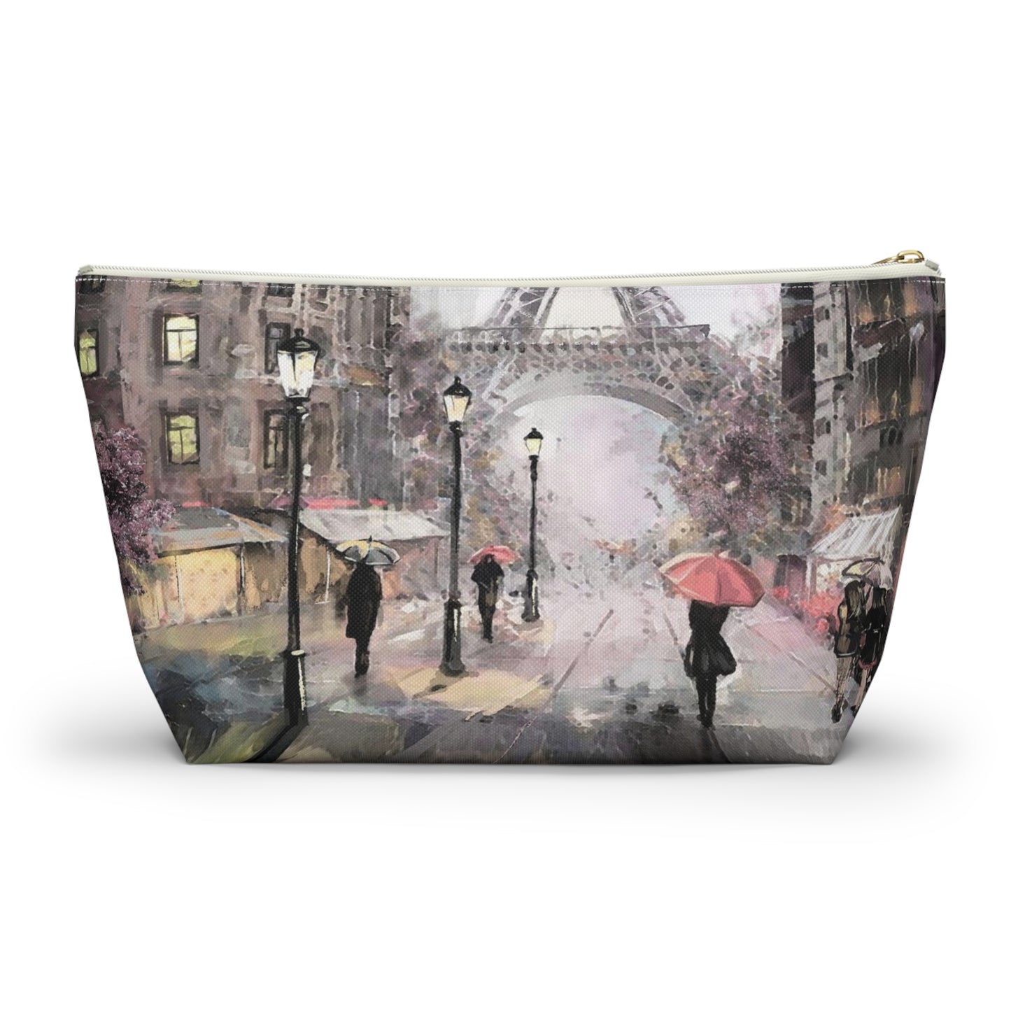 Eiffel Tower Cosmetic Pouch w T-bottom, Accessory Pouch - Pastel Rain in Paris