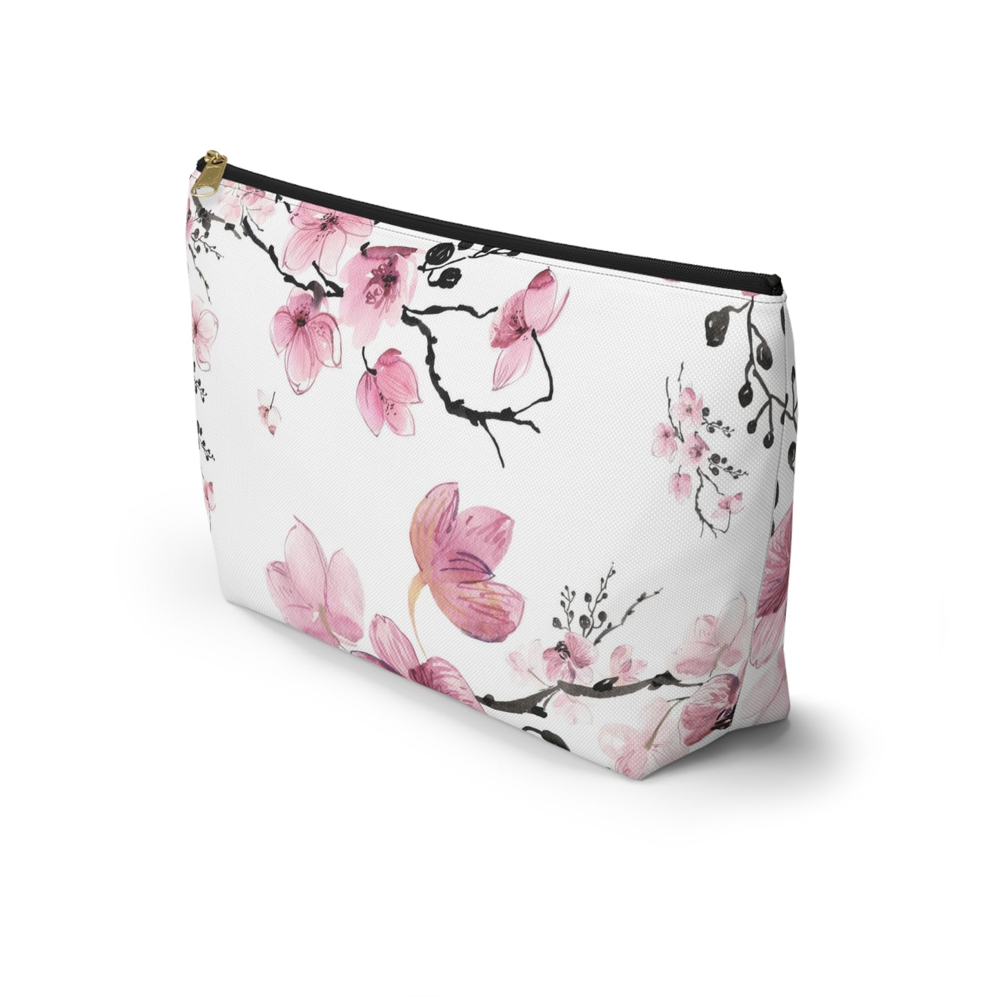 Sakura Cosmetic Pouch w T-bottom, Accessory Pouch - Pink Watercolor Cherry Blossom Makeup Bag