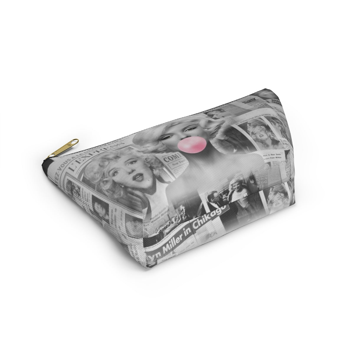 Marilyn Monroe Cosmetic Pouch w T-bottom, Accessory Pouch - Marilyn Bubblegum Pink International News Makeup Bag