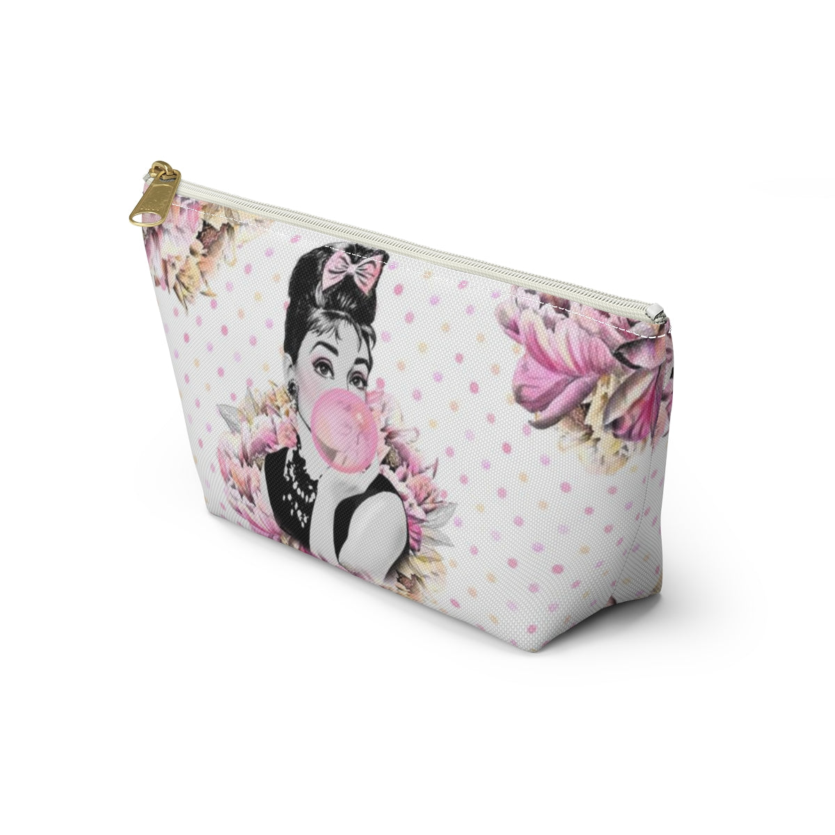 Audrey Hepburn Bubblegum Cosmetic Pouch w T-bottom, Accessory Pouch, Pink Polka Dot