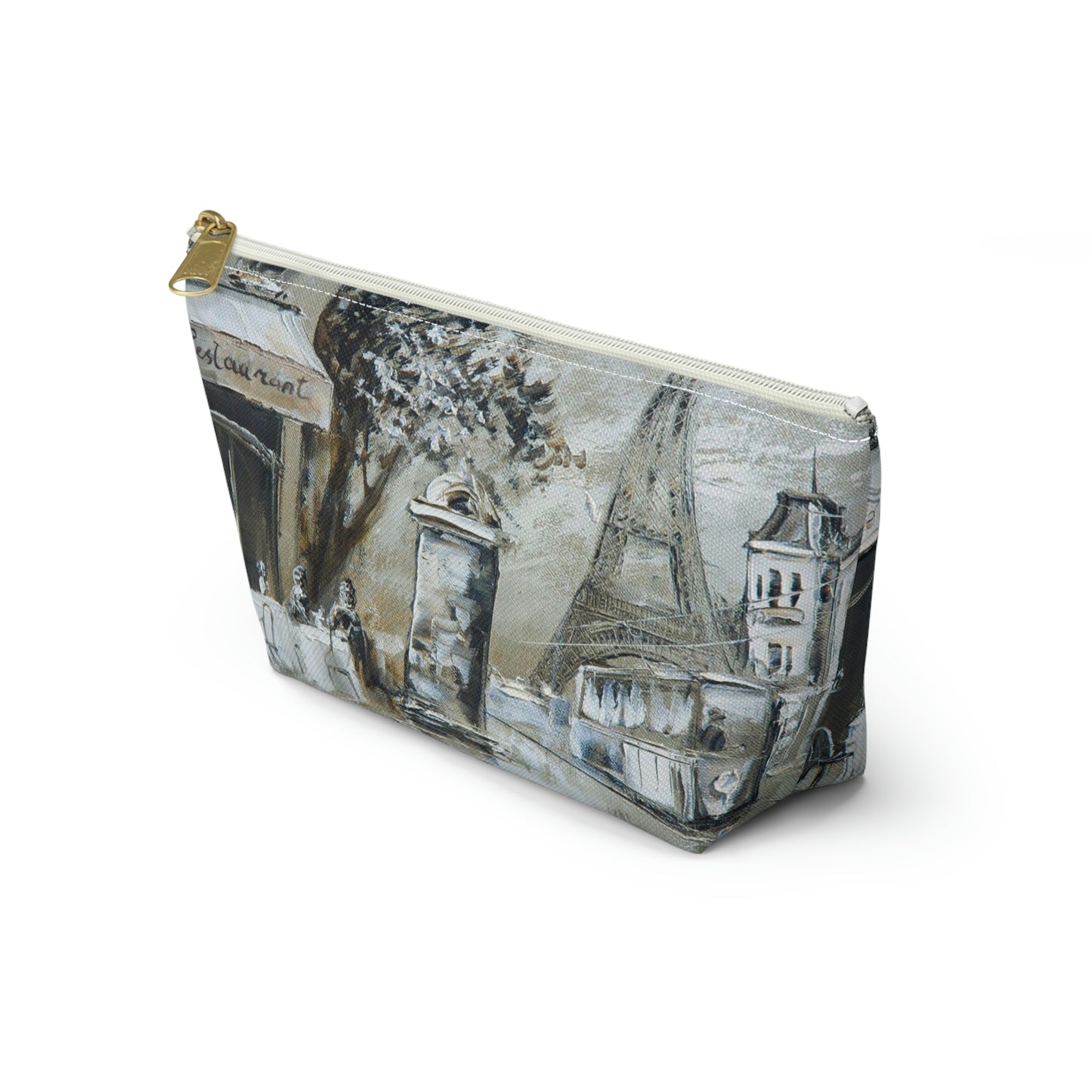 Eiffel Tower Cosmetic Pouch w T-bottom, Accessory Pouch - Cafe in Paris