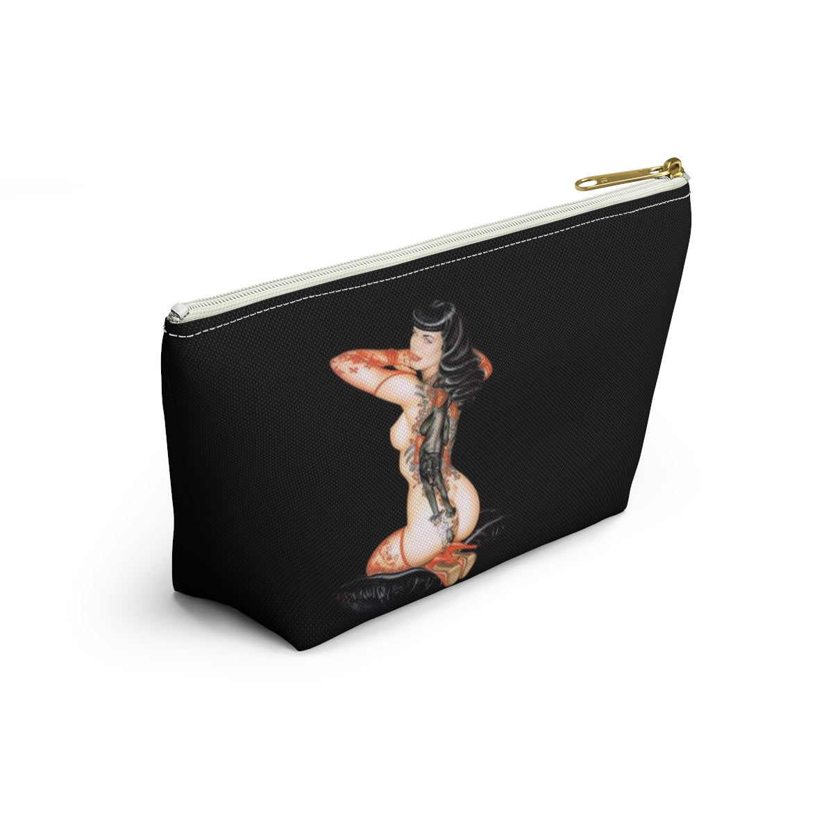 Pinup Girl Cosmetic Pouch w T-bottom, Accessory Pouch - Femme Forever Black Cat Tattoo Pinup Girl